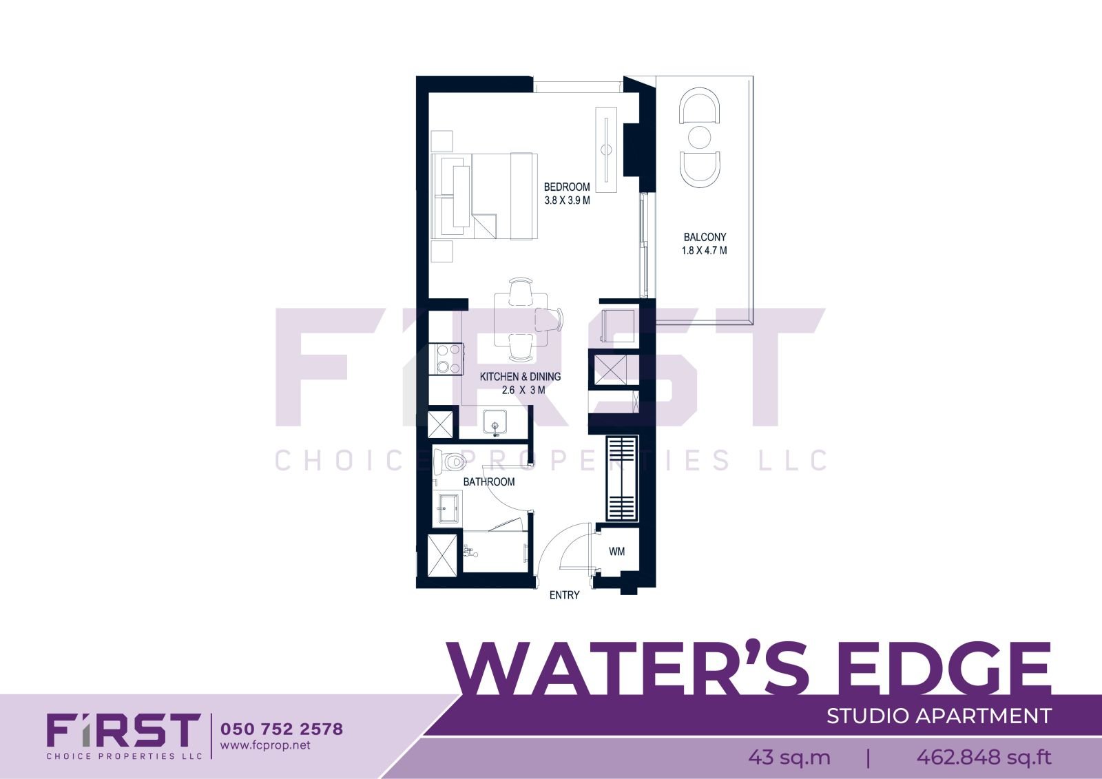 Floor Plan of  Studio Apartment in Water's Edge Yas Island Abu Dhabi UAE 43 sq.m 462.848 sq.ft.jpg
