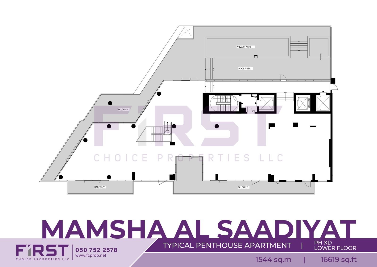 Floor Plan of Typical Penthouse Apartment  PH XD Lower Floor in Mamsha Al Saadiyat Abu Dhabi UAE 1544 sq.m 16619 sq.ft.jpg