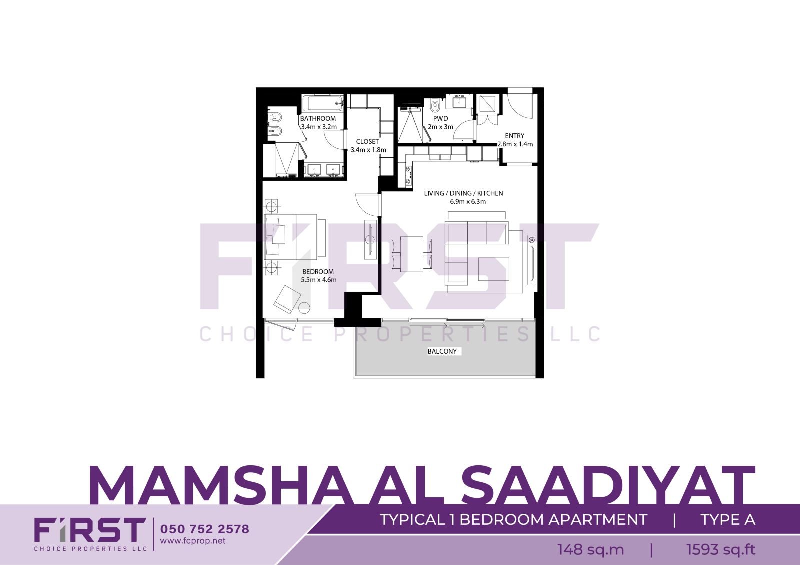 Floor Plan of Typical 1 Bedroom Apartment Type A in Mamsha Al Saadiyat Abu Dhabi UAE 148 sq.m 1593 sq.ft.jpg