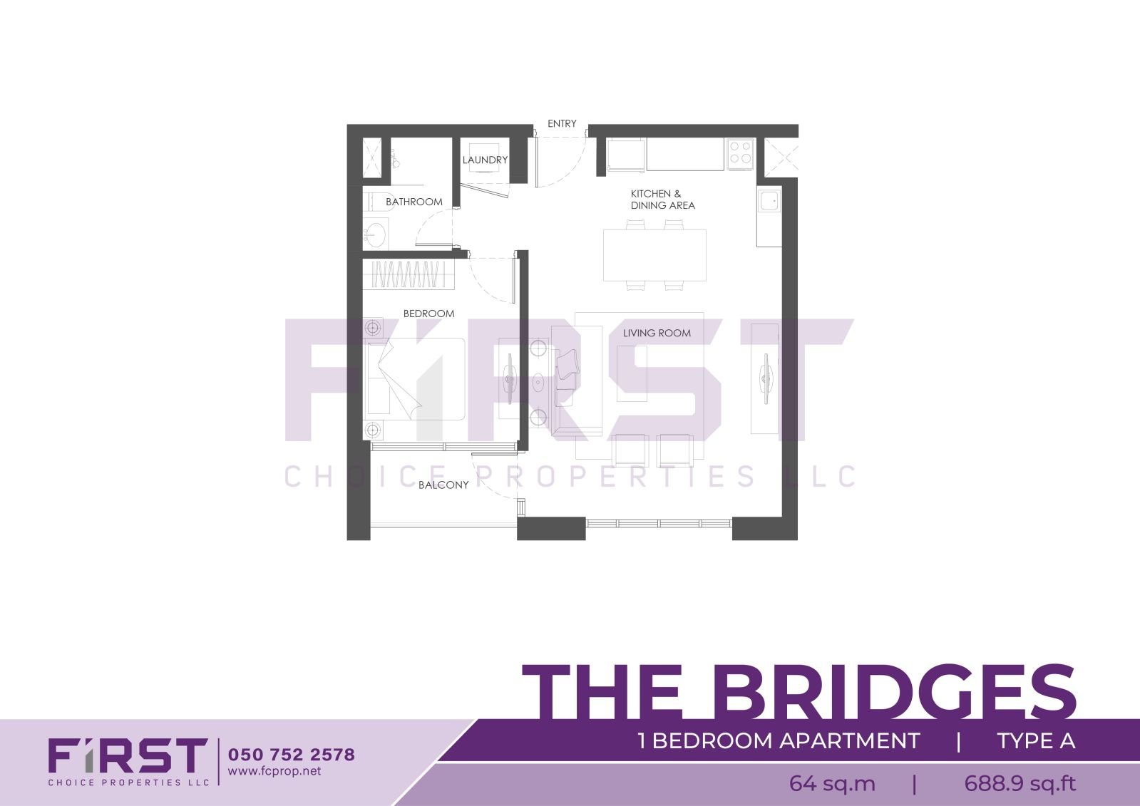 Floor Plan of 1 Bedroom Apartment Type A in The Bridges Al Reem Island Abu Dhabi UAE 64 sq.m 688.9 sq.ft.jpg
