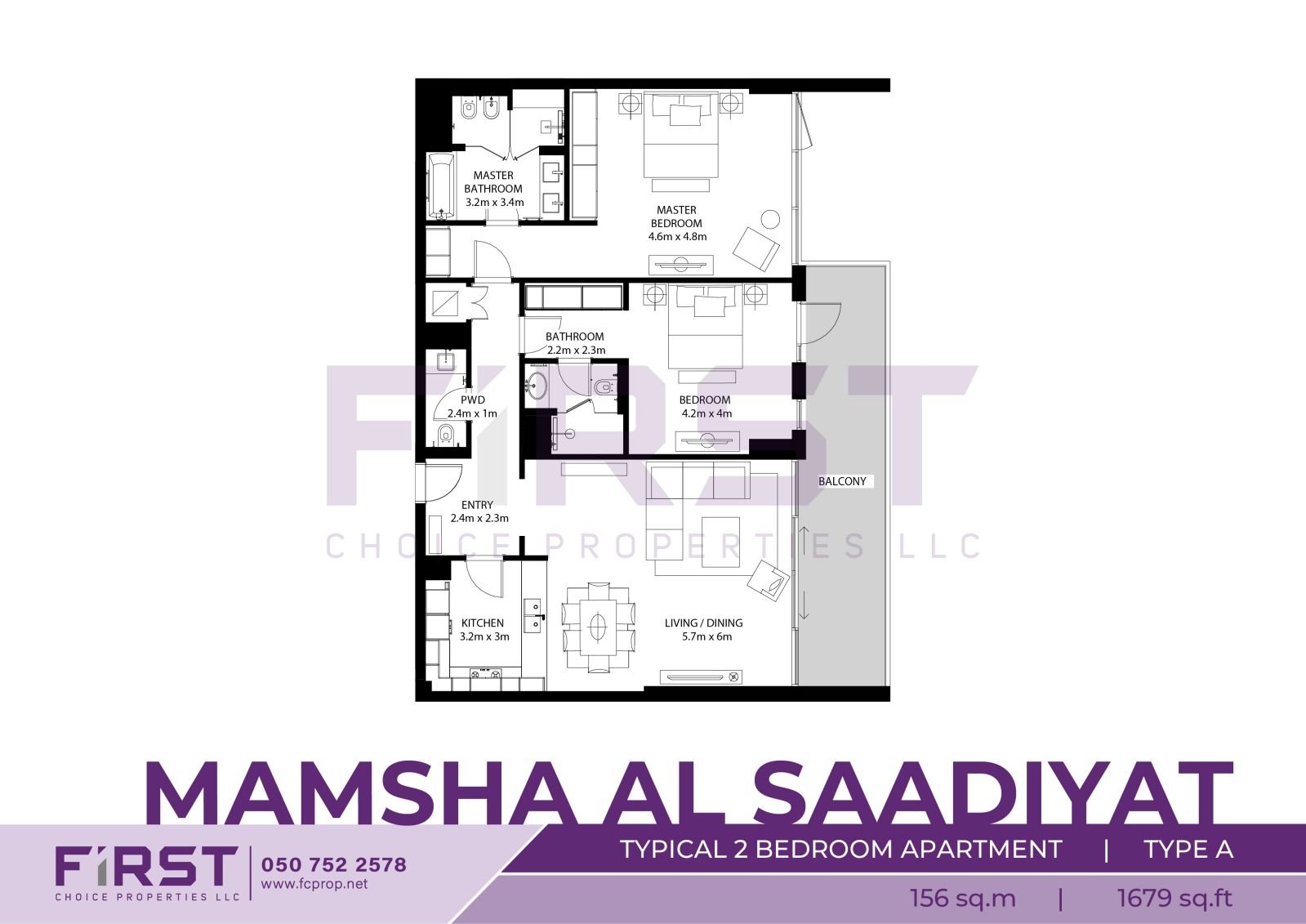 Floor Plan of Typical 2 Bedroom Apartment Type A in Mamsha Al Saadiyat Abu Dhabi UAE 156 sq.m 1679 sq.ft.jpg
