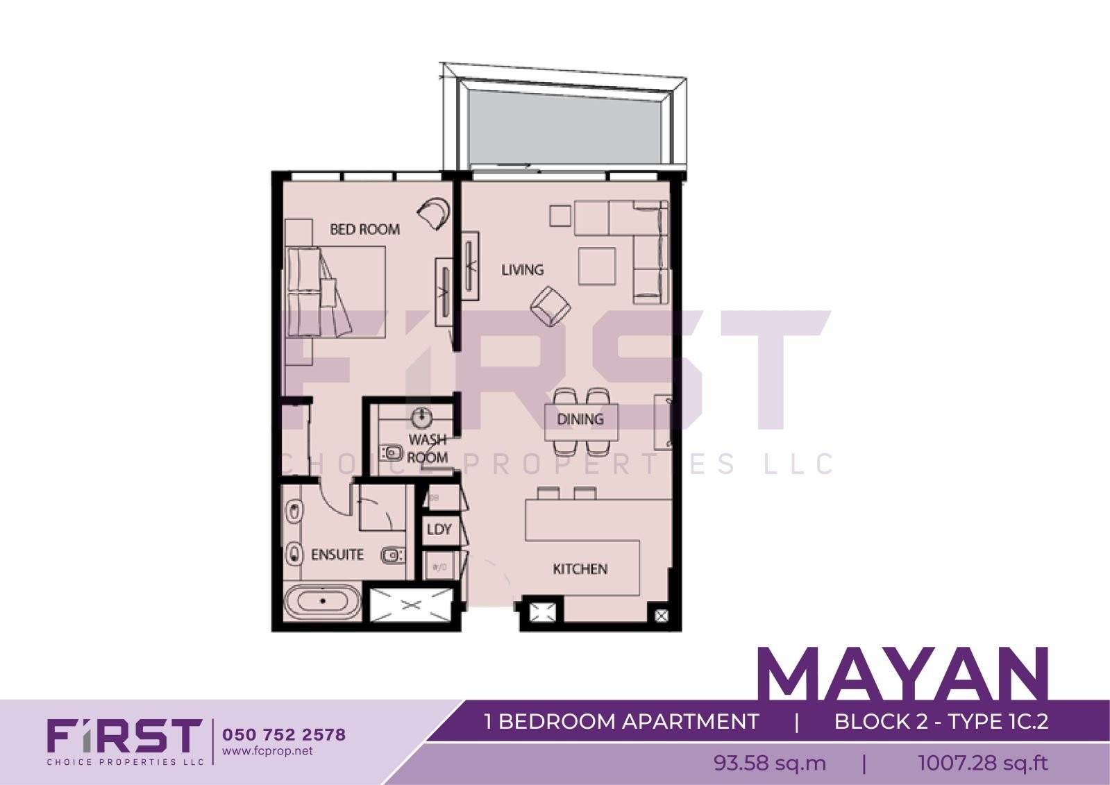 Floor Plan of 1 Bedroom Apartment  Block 2-Type 1C.2 in Mayan Yas Island Abu Dhabi UAE 93.58 sq.m 1007.28 sq.ft.jpg