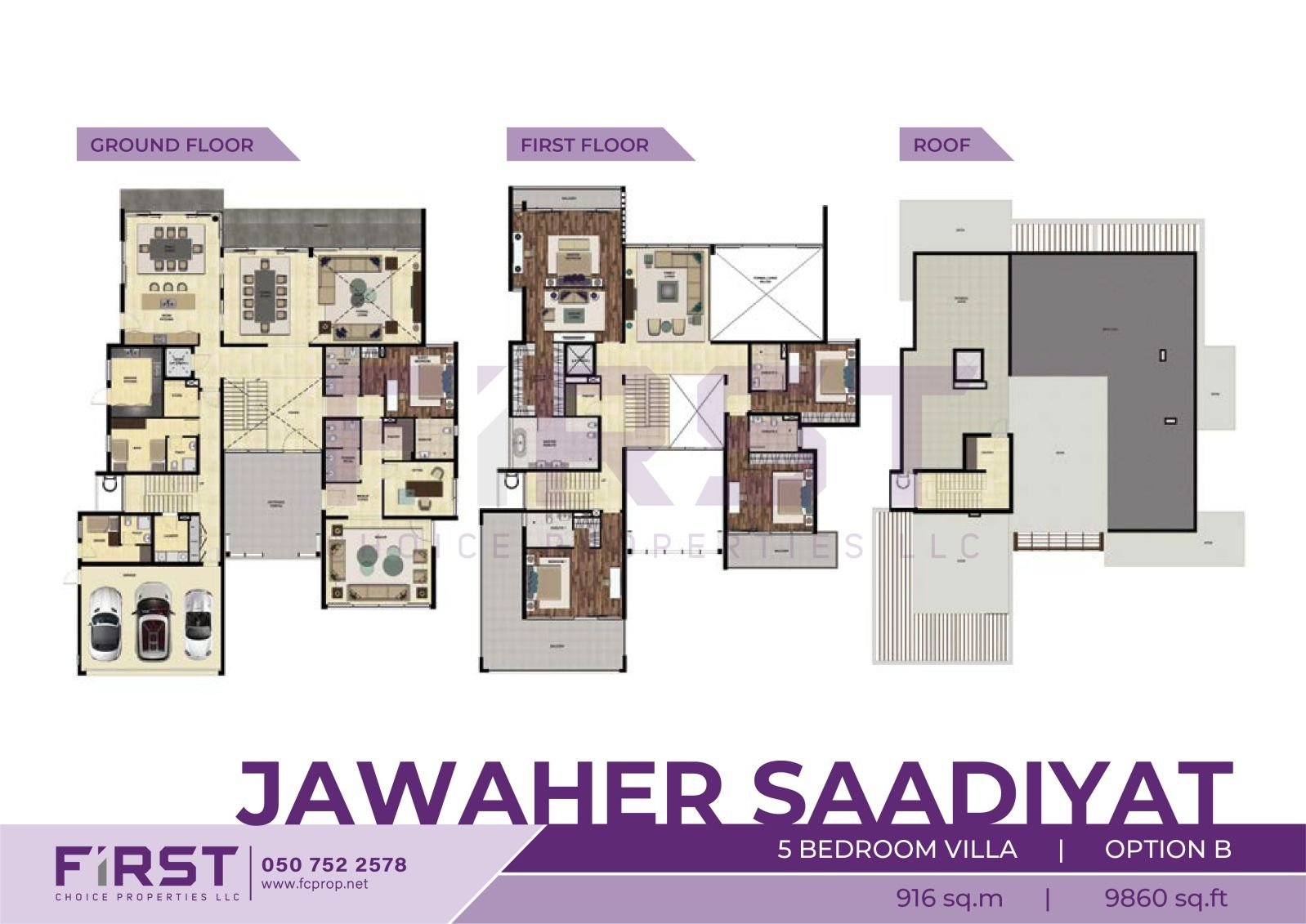 Floor Plan of 5 Bedroom Villa Option B in Jawaher Saadiyat Saadiyat Island Abu Dhabi UAE 916 sq.m 9860 sq.ft.jpg