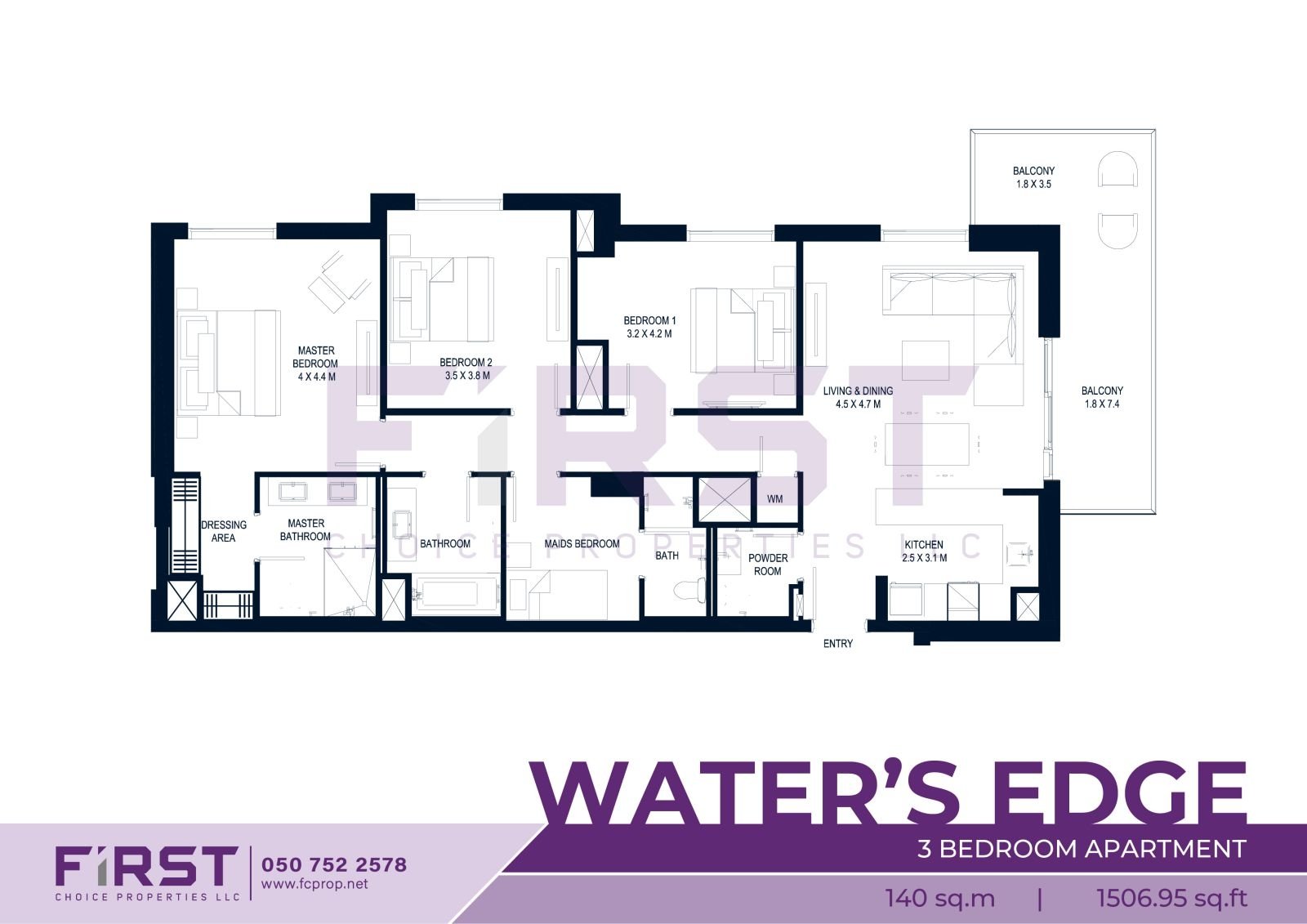 Floor Plan of 3 Bedroom Apartment in Water's Edge Yas Island Abu Dhabi UAE 140 sq.m 1506.95 sq.ft.jpg