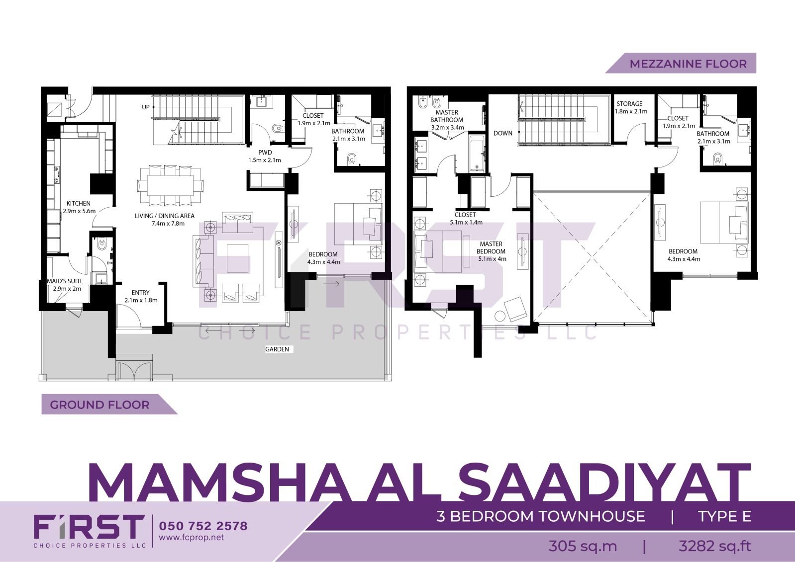 Floor Plan of 3 Bedroom Townhouse Type E in Mamsha Al Saadiyat Abu Dhabi UAE 305 sq.m 3282 sq.ft.jpg