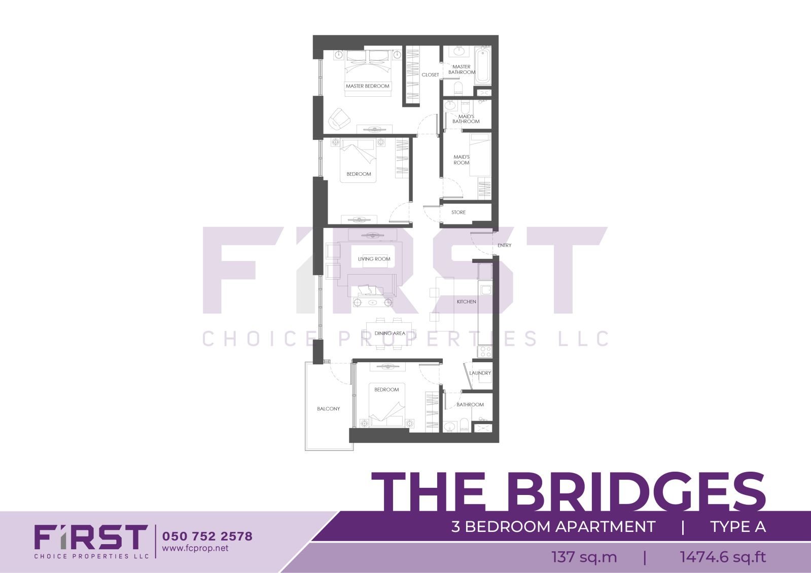 Floor Plan of 3 Bedroom Apartment Type A in The Bridges Al Reem Island Abu Dhabi UAE 137 sq.m 1474.6 sq.ft.jpg