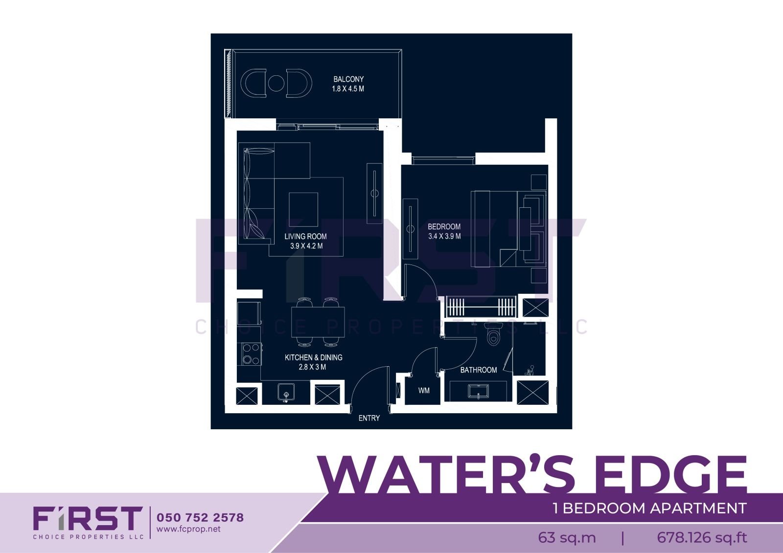 Floor Plan of 1 Bedroom Apartment in Water's Edge Yas Island Abu Dhabi UAE 63 sq.m 678.126 sq.ft.jpg