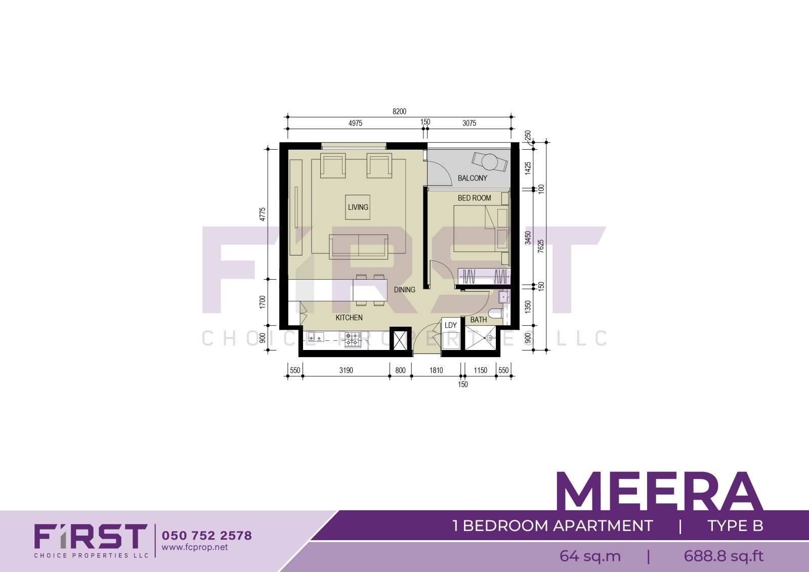 Floor Plan of 1 Bedroom Apartment Type B in Meera Shams Al Reem Island Abu Dhabi UAE 64 sq.m 688.8 sq.ft.jpg