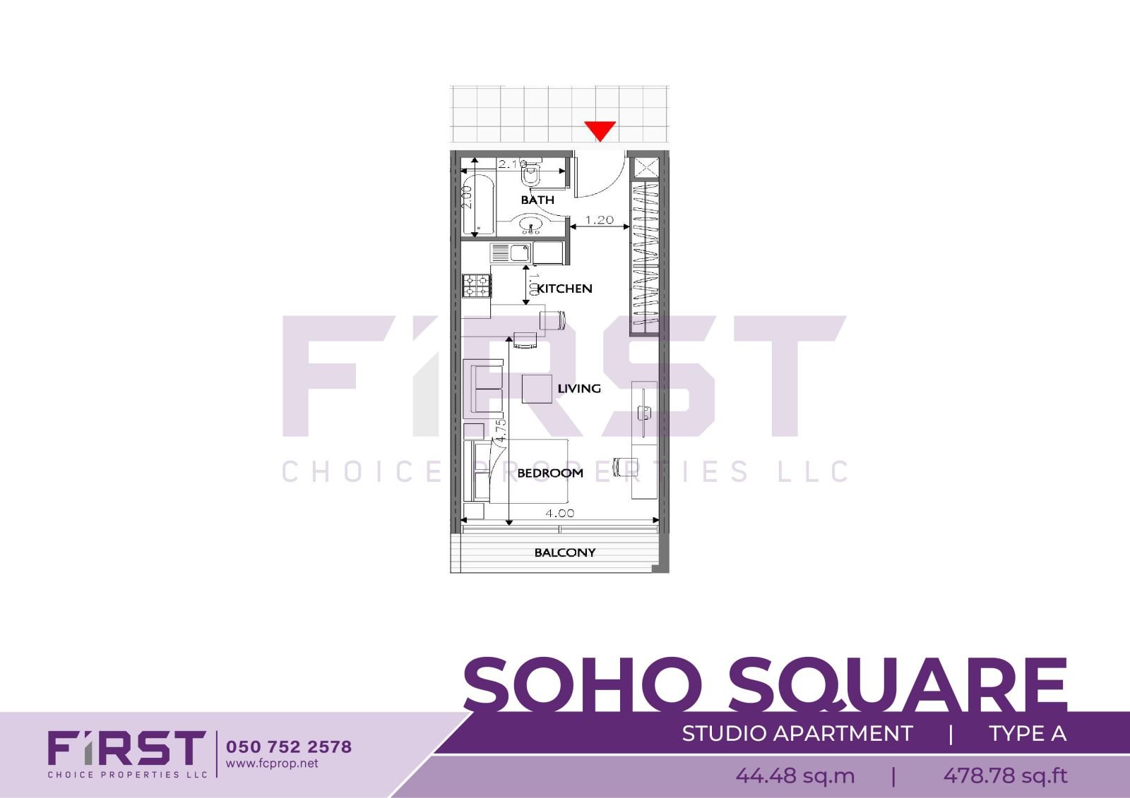 Floor Plan of Studio Apartment Type A in Soho Square Saadiyat Island Abu Dhabi UAE 44.48 sq.m 478.78 sq.ft.jpg