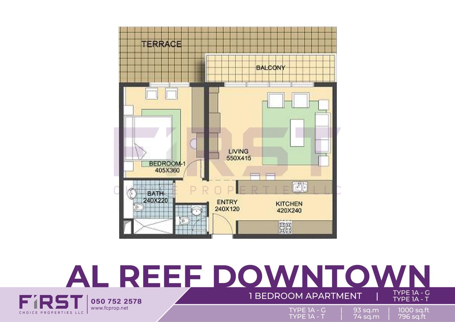 Floor Plan of 1 Bedroom Apartment TYPE 1A-G 93 sq.m in Al Reef Downtown Al Reef Abu Dhabi UAE 1000 sq.ft T 74 sq.m 796 sq.ft.jpg