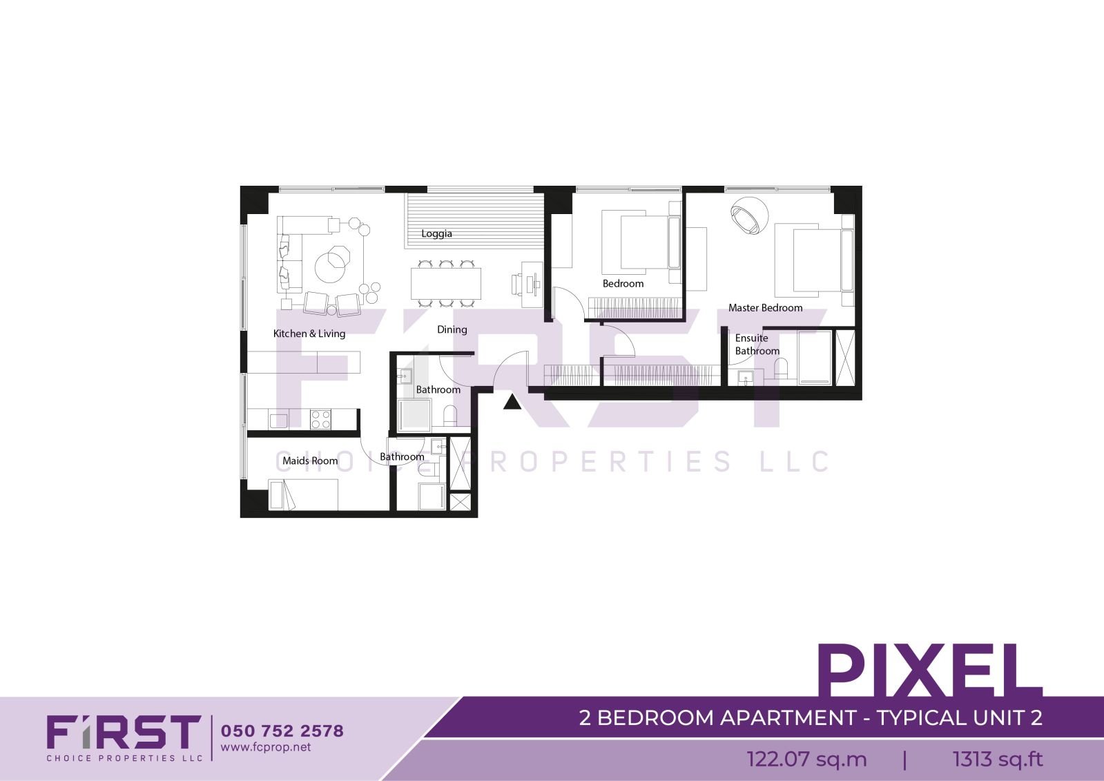 Floor Plan of 2 Bedroom Apartment Typical Unit 2 in Pixel Al Reem Island Abu Dhabi UAE 122.07 sq.m 1313 sq.ft.jpg