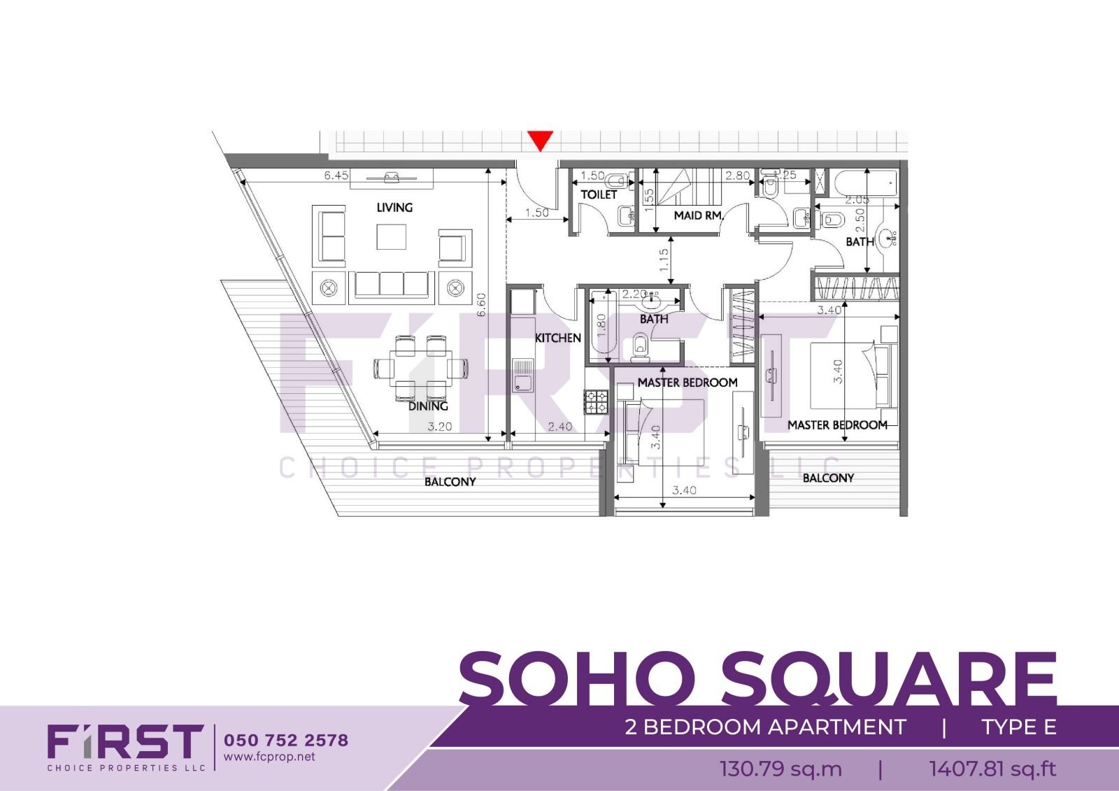 Floor Plan of 2 Bedroom Apartment Type E in Soho Square Saadiyat Island Abu Dhabi UAE 130.79 sq.m 1407.81 sq.ft.jpg