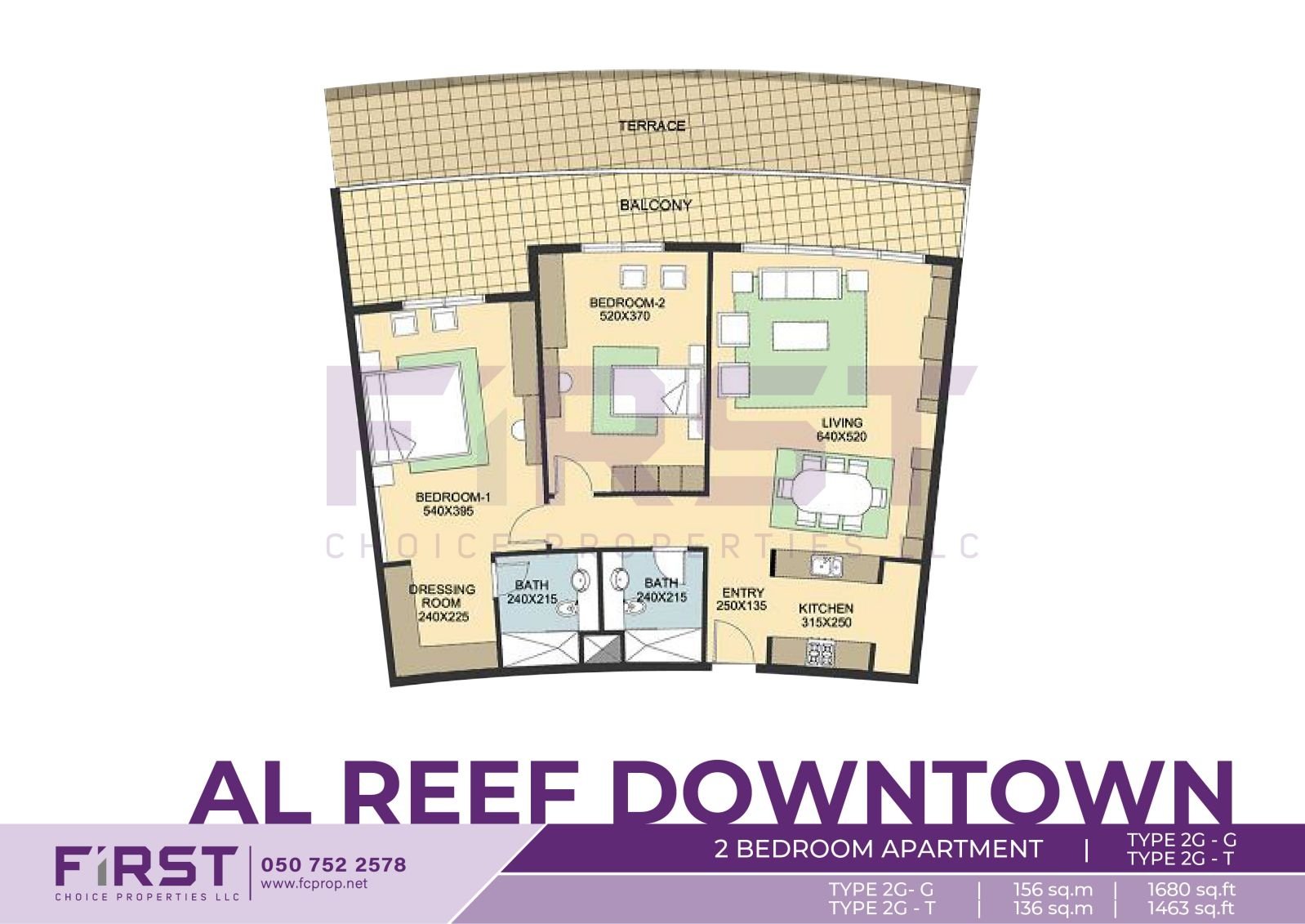 Floor Plan of 2 Bedroom Apartment TYPE 2G-G in Al Reef Downtown Al Reef Abu Dhabi UAE 156 sq.m 1680 sq.ft T 136 sq.m 1463 sq.ft.jpg