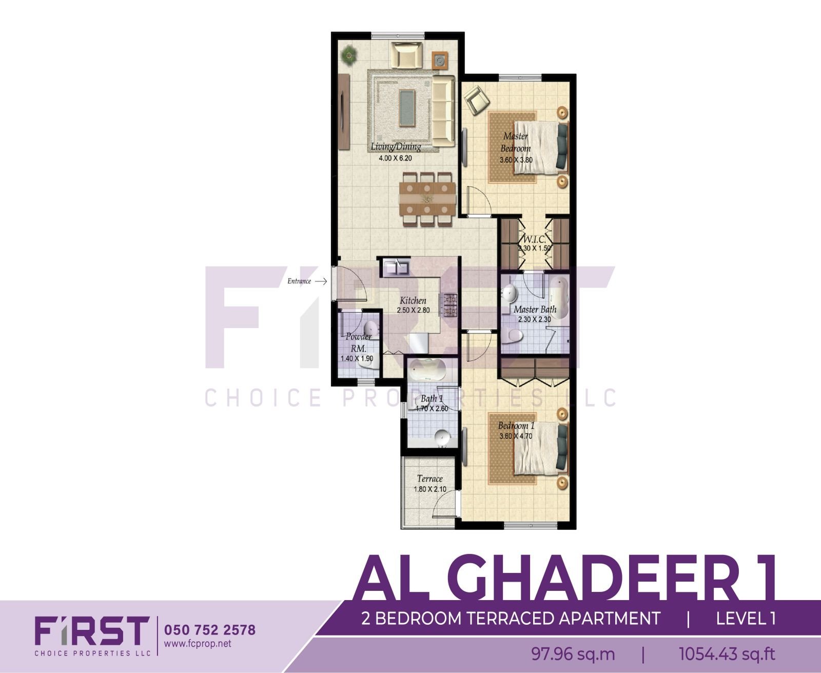 Floor Plan of 2 Bedroom Terraced Apartment Level 1 in Al Ghadeer Phase 1 Abu Dhabi UAE 97.96 sq.m 1054.43 sq.ft.jpg