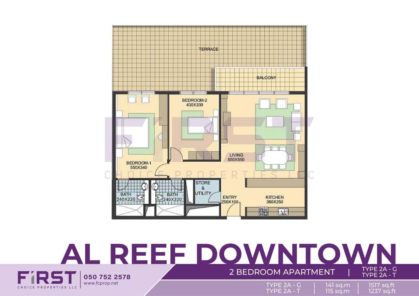Floor Plan of 2 Bedroom Apartment TYPE 2A-G in Al Reef Downtown Al Reef Abu Dhabi UAE 141 sq.m 1517 sq.ft T 115 sq.m 1237 sq.ft.jpg