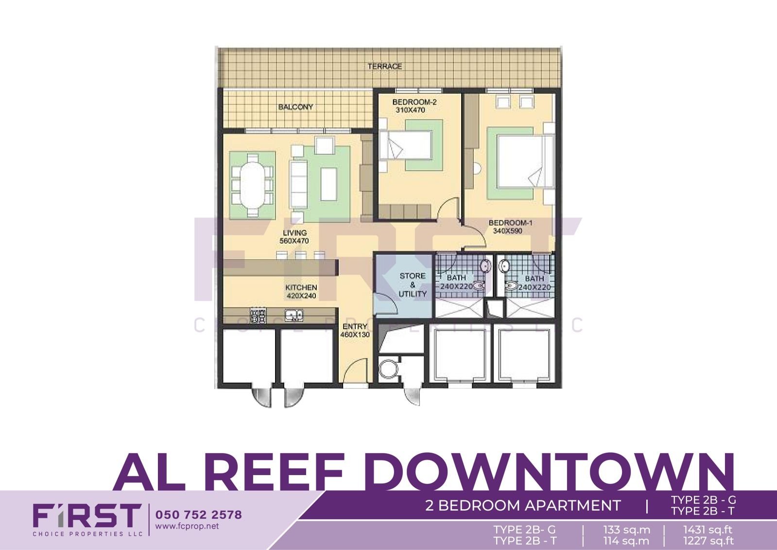 Floor Plan of 2 Bedroom Apartment TYPE 2B-G in Al Reef Downtown Al Reef Abu Dhabi UAE 133 sq.m 1431 sq.ft T 114 sq.m 1227 sq.ft.jpg