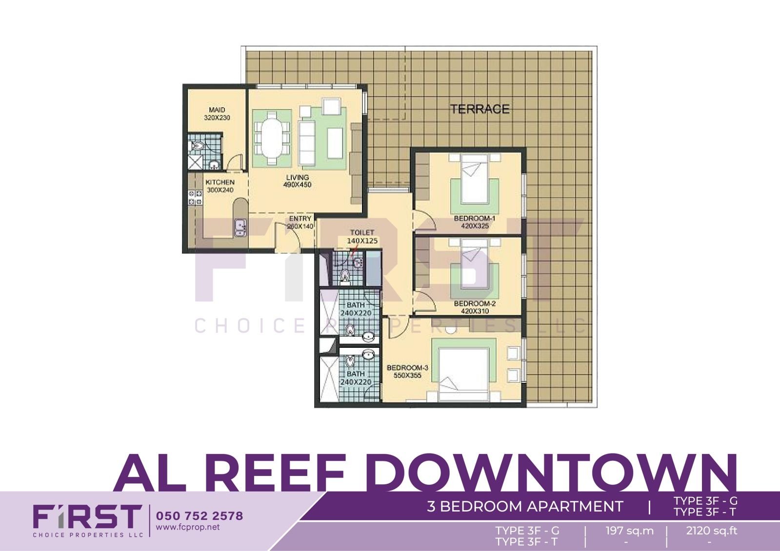 Floor Plan of 3 Bedroom Apartment TYPE 3F-G in Al Reef Downtown Al Reef Abu Dhabi UAE 197 sq.m 2120 sq.ft.jpg