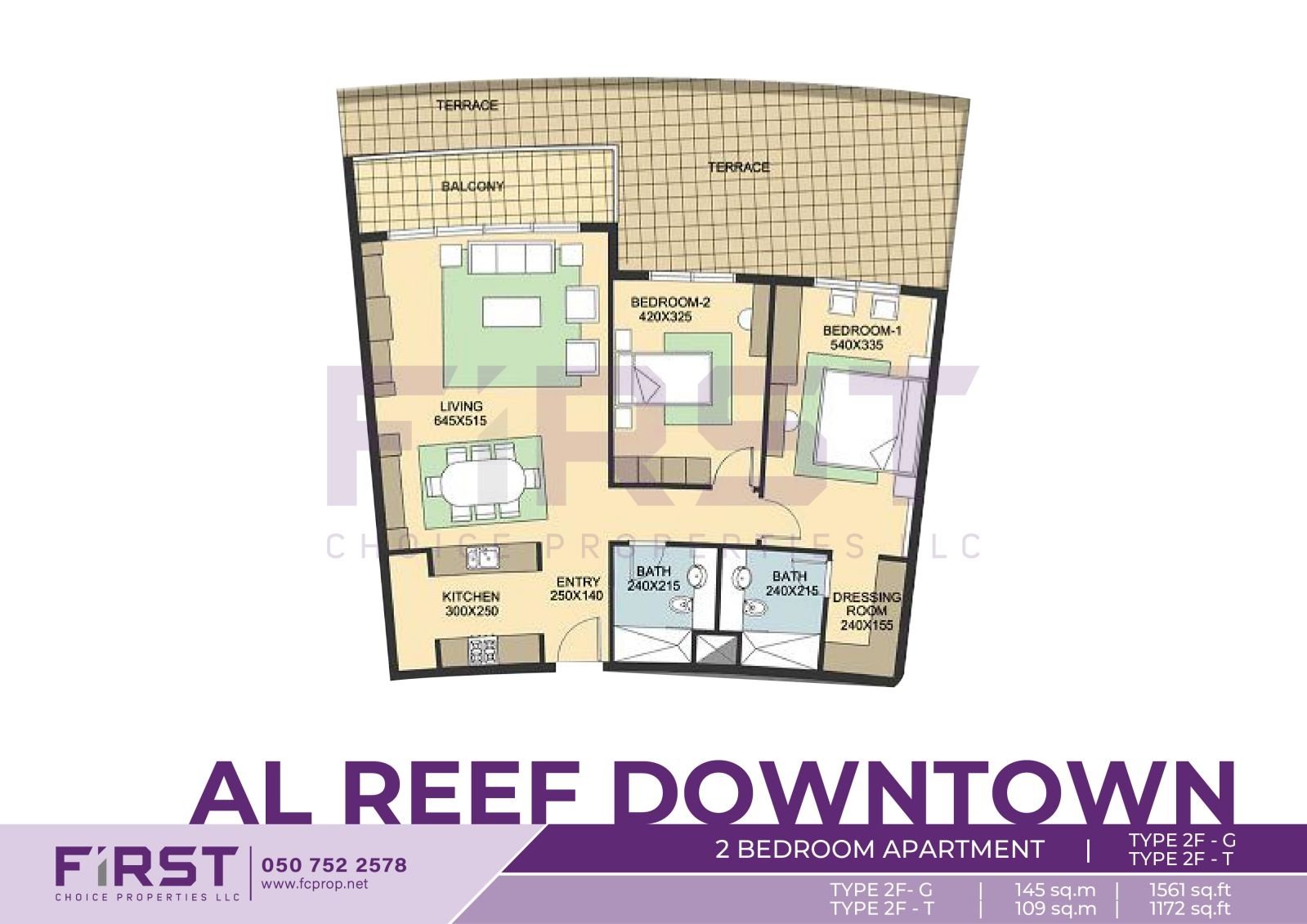 Floor Plan of 2 Bedroom Apartment TYPE 2F-G in Al Reef Downtown Al Reef Abu Dhabi UAE 145 sq.m 1561 sq.ft T 109 sq.m - 1172sq.ft.jpg