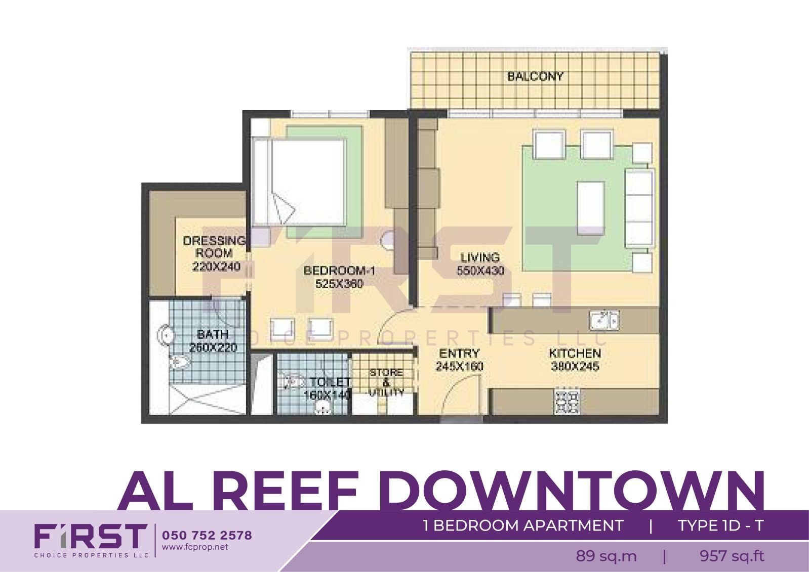 Floor Plan of 1 Bedroom Apartment TYPE 1D-T in Al Reef Downtown Al Reef Abu Dhabi UAE 89 sq.m - 957 sq.ft.jpg