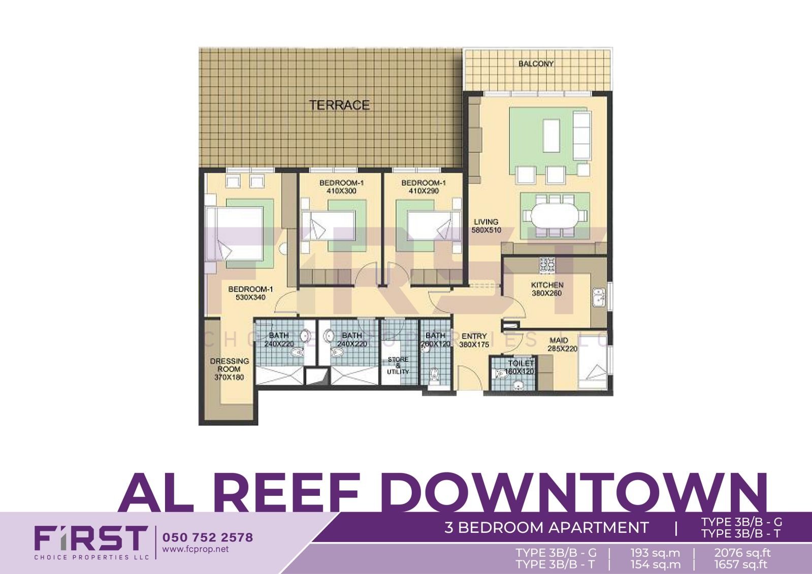 Floor Plan of 3 Bedroom Apartment TYPE 3BB-G in Al Reef Downtown Al Reef Abu Dhabi UAE 193 sq.m 2076 sq.ft T 154sq.m 1657 sq.ft.jpg