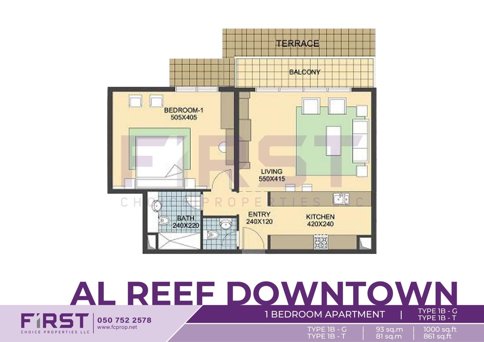 Floor Plan of 1 Bedroom Apartment TYPE 1B-G in Al Reef Downtown Al Reef Abu Dhabi UAE 93 sq.m 1000 sq.ft T  81 sq.m - 861 sq.ft.jpg