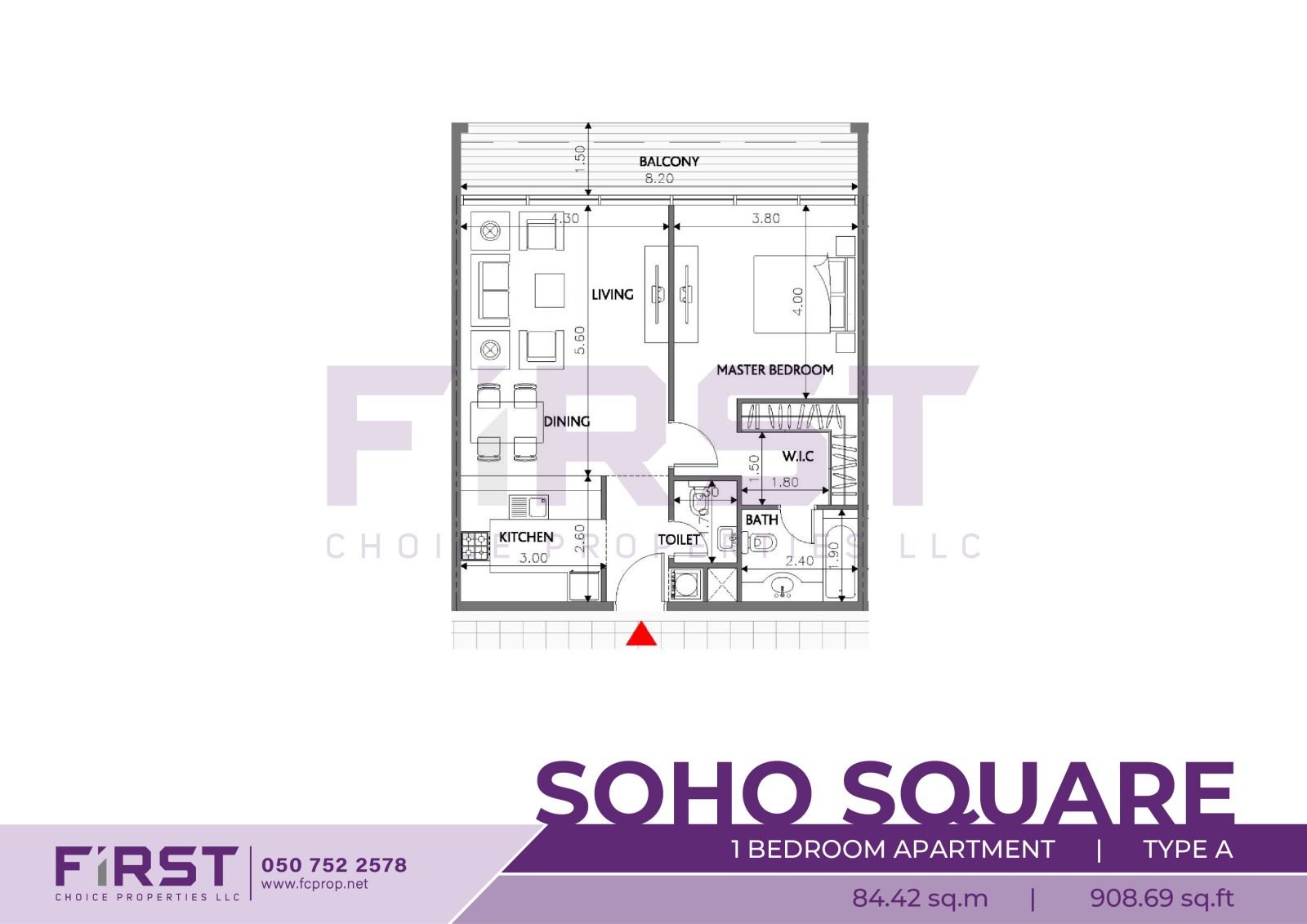 Floor Plan of 1 Bedroom Apartment Type A in Soho Square Saadiyat Island Abu Dhabi UAE 84.42 sq.m 908.69 sq.ft .jpg