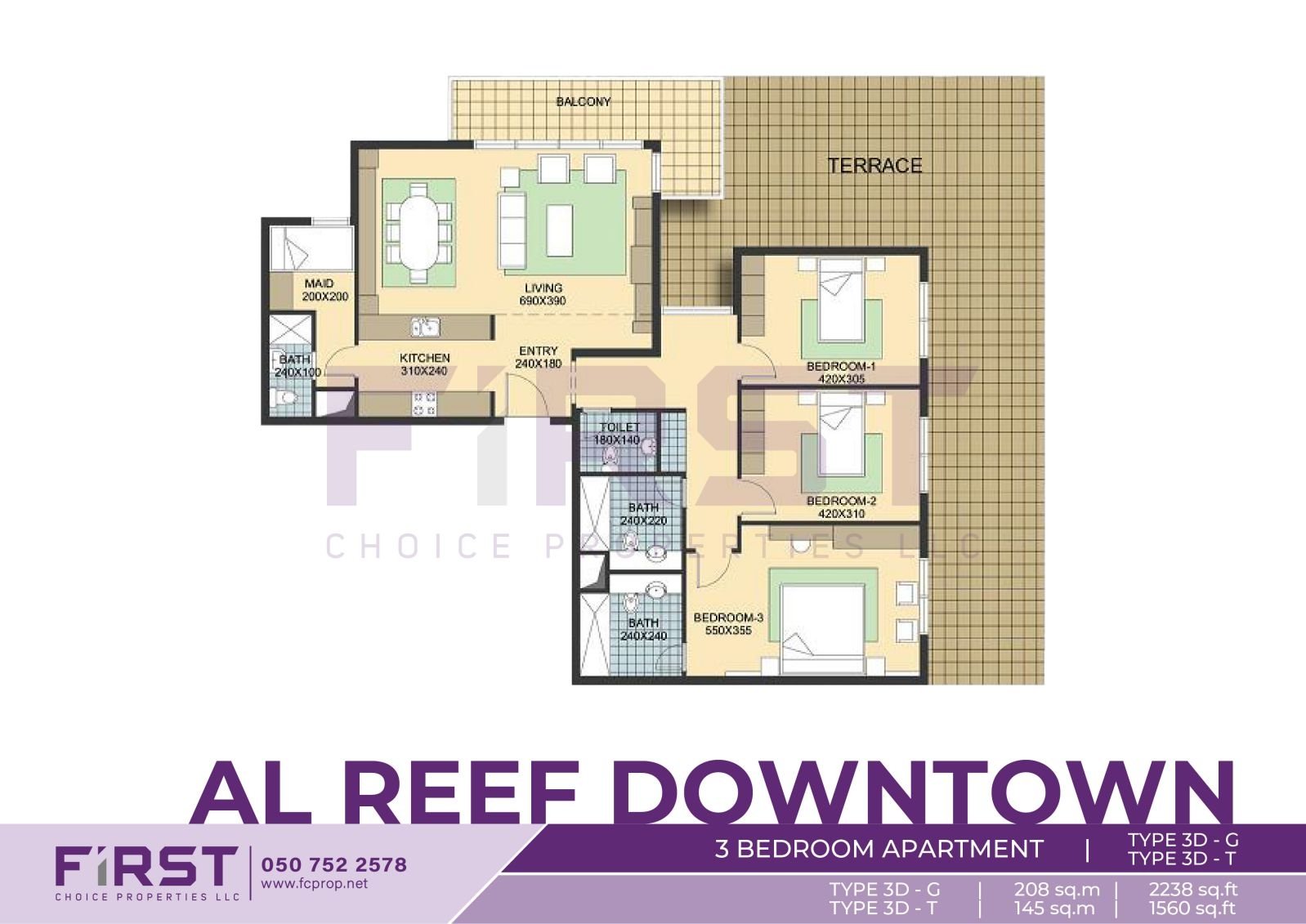 Floor Plan of 3 Bedroom Apartment TYPE 3D-G in Al Reef Downtown Al Reef Abu Dhabi UAE 208 sq.m 2238 sq.ft T 145sq.m 1560 sq.ft.jpg