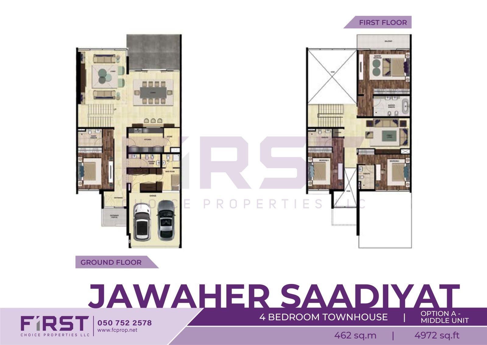 Floor Plan of 4 Bedroom Townhouse Option A Middle Unit in Jawaher Saadiyat Saadiyat Island Abu Dhabi UAE 462 sq.m 4972 sq.ft.jpg