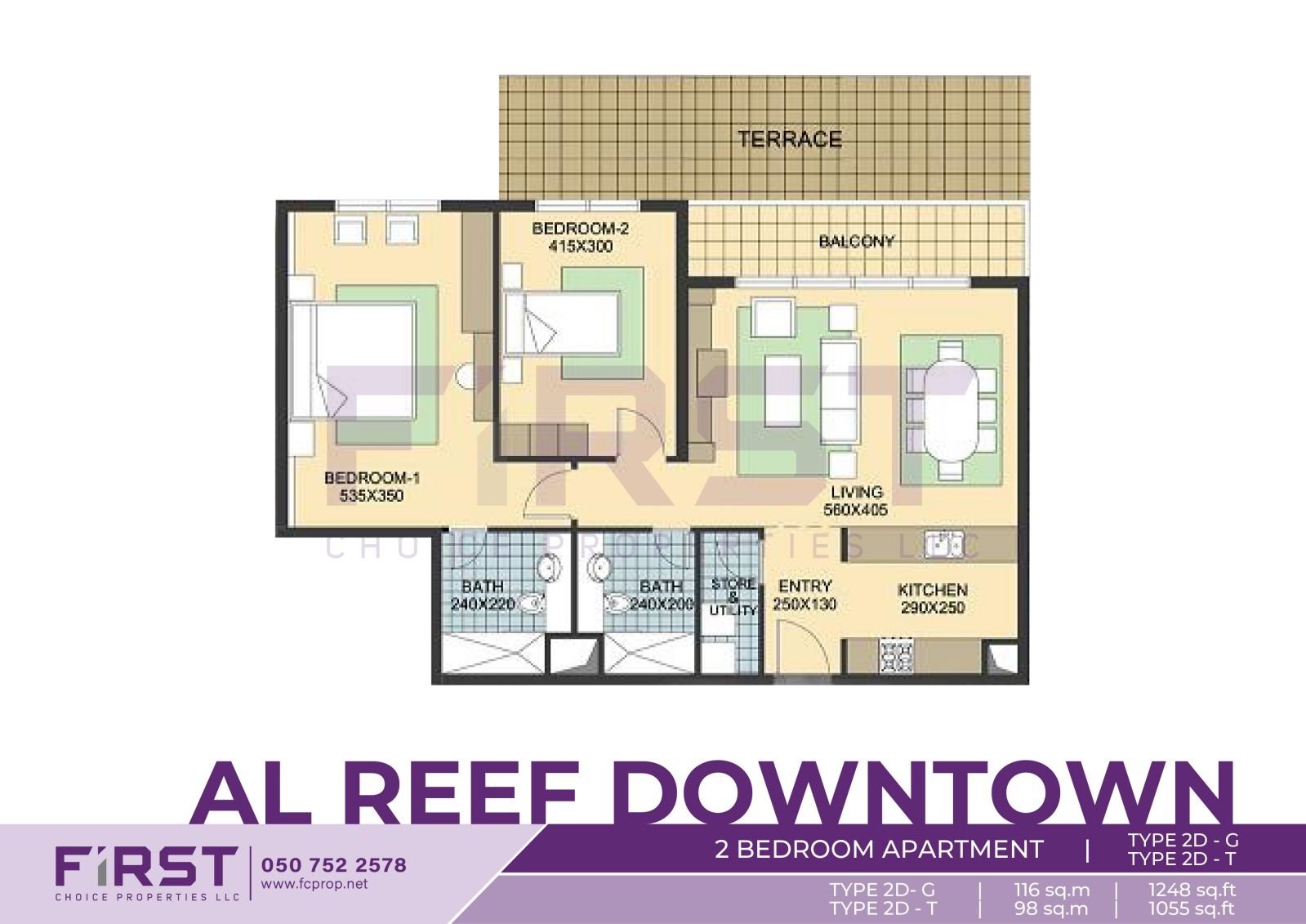 Floor Plan of 2 Bedroom Apartment TYPE 2D-G in Al Reef Downtown Al Reef Abu Dhabi UAE 116 sq.m 1248 sq.ft T 98 sq.m 1055 sq.ft.jpg