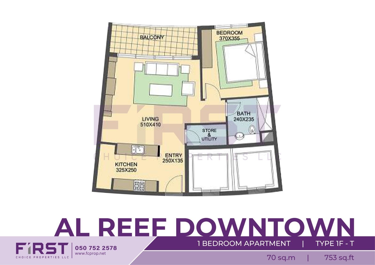 Floor Plan of 1 Bedroom Apartment TYPE 1F-T in Al Reef Downtown Al Reef Abu Dhabi UAE 70 sq.m 753 sq.ft.jpg