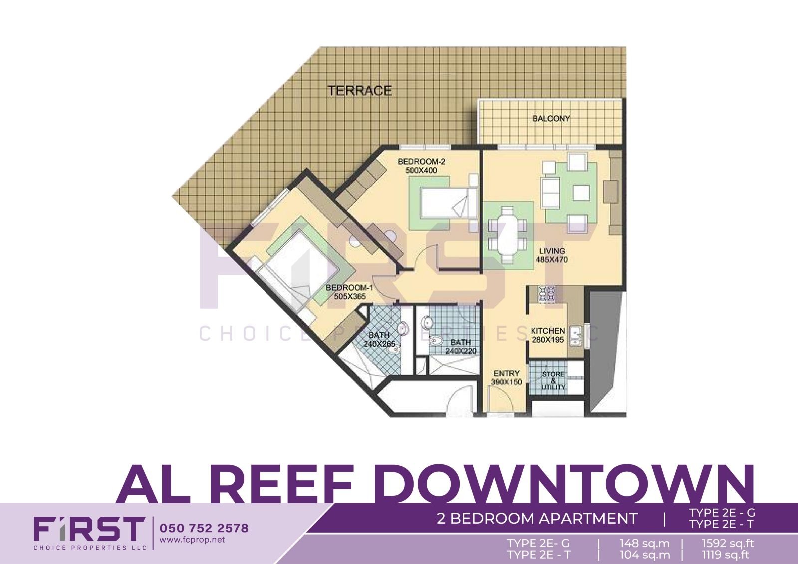 Floor Plan of 2 Bedroom Apartment TYPE 2E-G in Al Reef Downtown Al Reef Abu Dhabi UAE 148 sq.m 1592 sq.ft T 104 sq.m 1119sq.ft.jpg