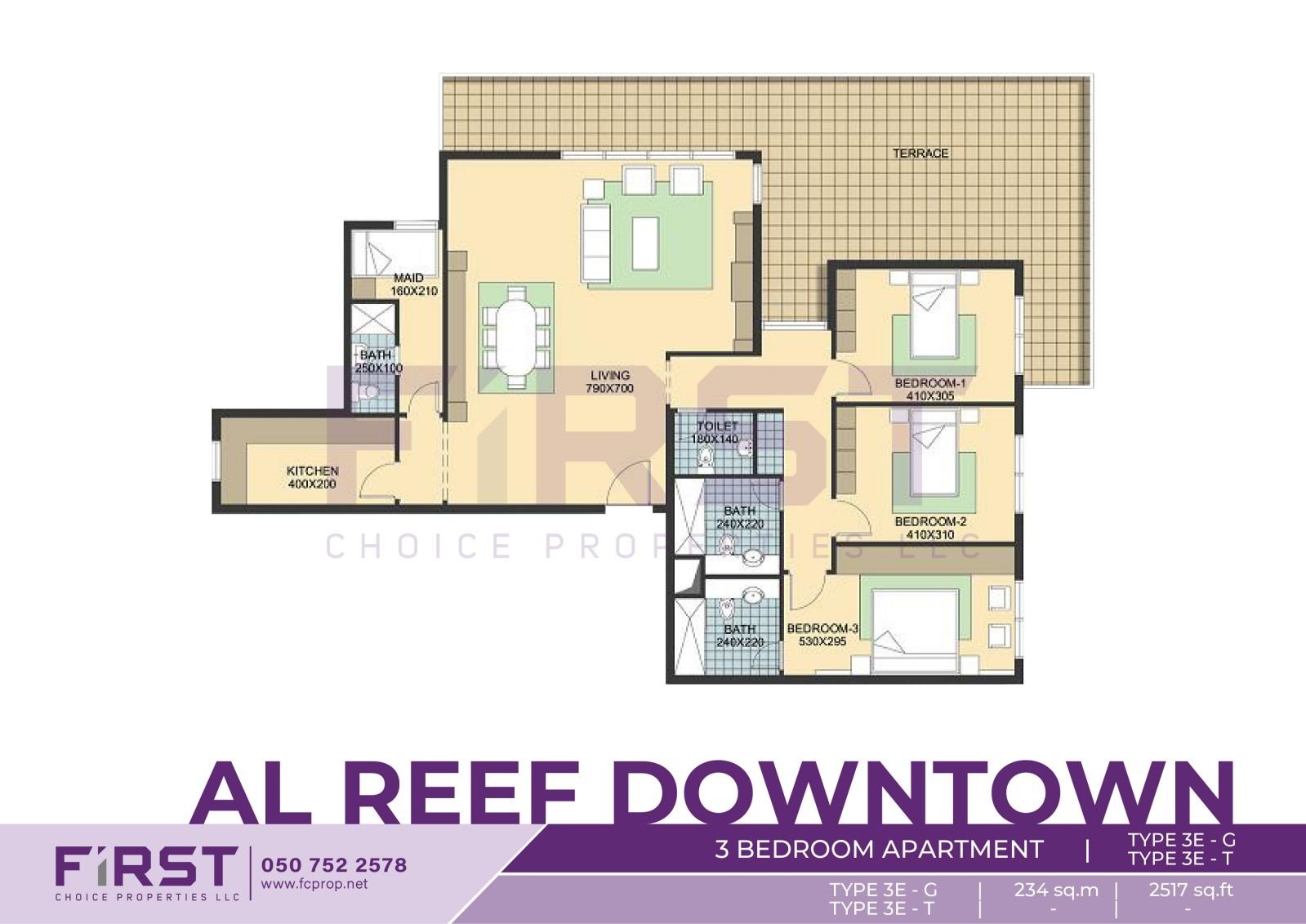 Floor Plan of 3 Bedroom Apartment TYPE 3E-G in Al Reef Downtown Al Reef Abu Dhabi UAE 234 sq.m 2517 sq.ft.jpg