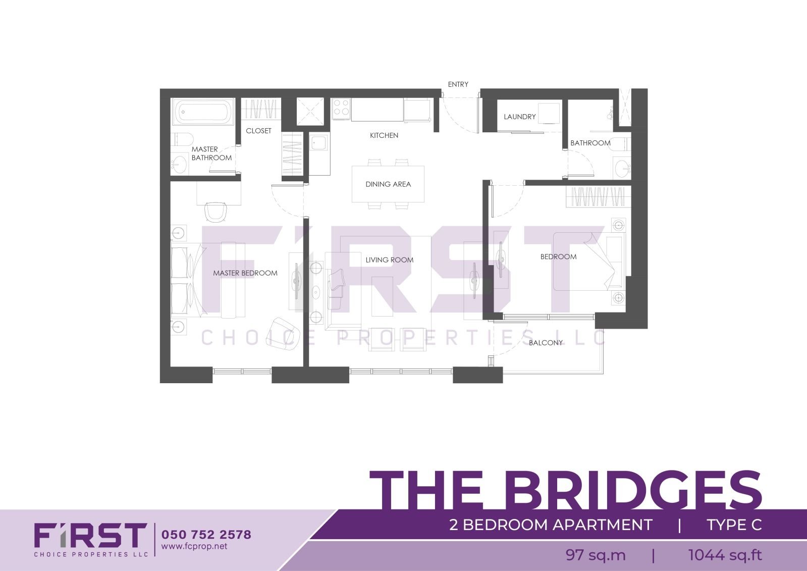 Floor Plan of 2 Bedroom Apartment Type C in The Bridges Al Reem Island Abu Dhabi UAE 97 sq.m 1044 sq.ft.jpg