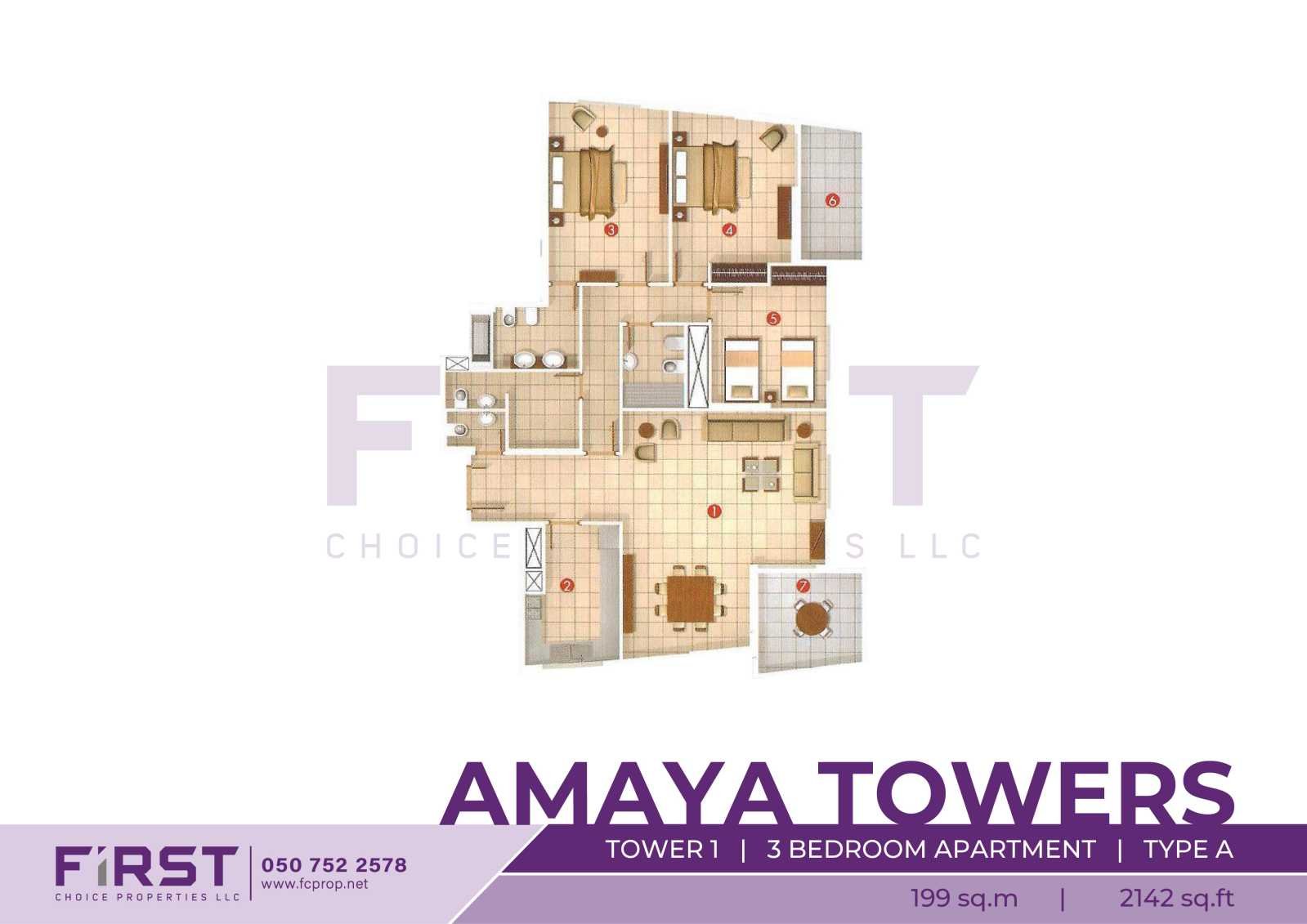 Floor Plan of 3 Bedroom Apartment Type A in Amaya Towers Shams Abu Dhabi Al Reem Island Abu Dhabi UAE 199 sq.m 2142 sq.ft.jpg