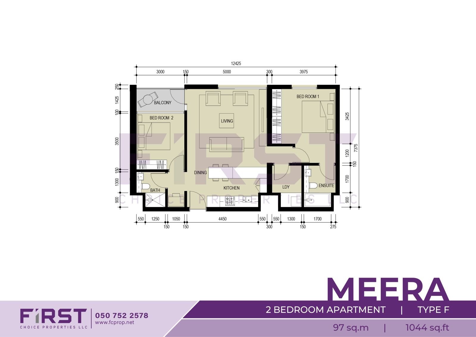 Floor Plan of 2 Bedroom Apartment Type F in Meera Shams Al Reem Island Abu Dhabi UAE 97 sq.m 1044 sq.ft.jpg