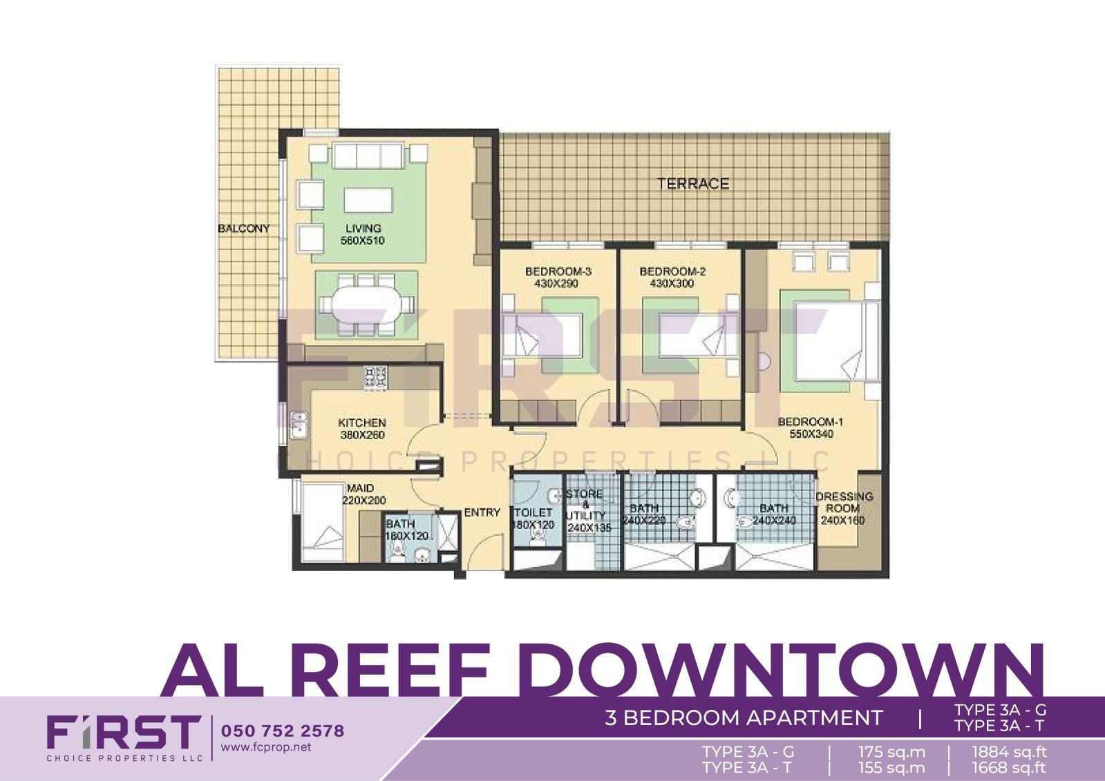 Floor Plan of 3 Bedroom Apartment TYPE 3A-G in Al Reef Downtown Al Reef Abu Dhabi UAE 175 sq.m 1884 sq.ft T 155 sq.m 1668 sq.ft.jpg