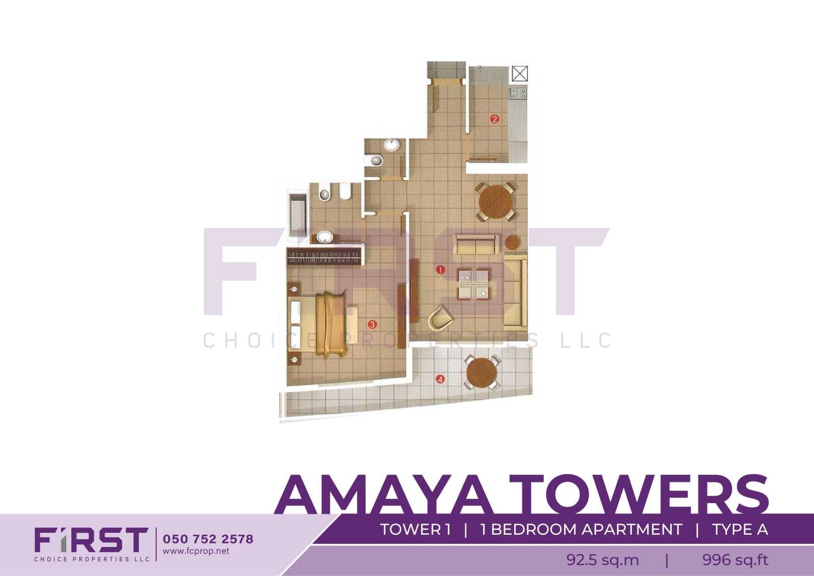 Floor Plan of 1 Bedroom Apartment Type A in Amaya Towers Shams Abu Dhabi Al Reem Island Abu Dhabi UAE 92.5 sq.m 996 sq.ft.jpg
