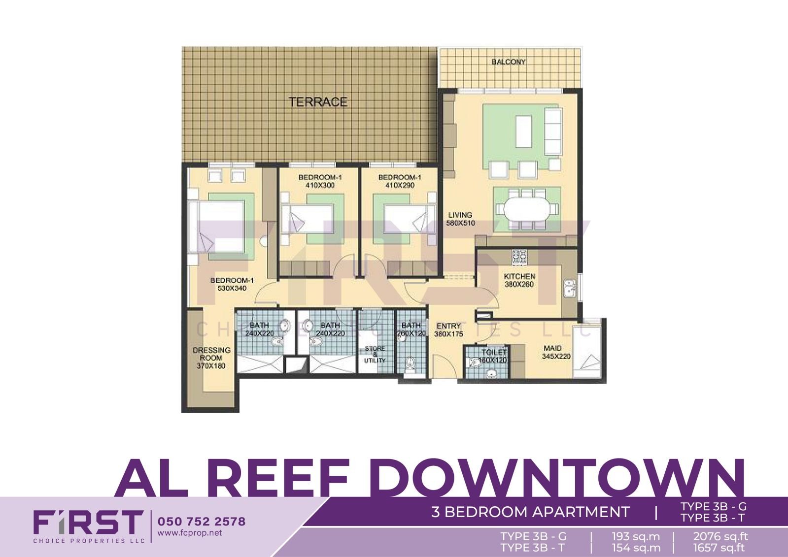 Floor Plan of 3 Bedroom Apartment TYPE 3B-G in Al Reef Downtown Al Reef Abu Dhabi UAE 193 sq.m 2076 sq.ft T 154sq.m 1657 sq.ft.jpg