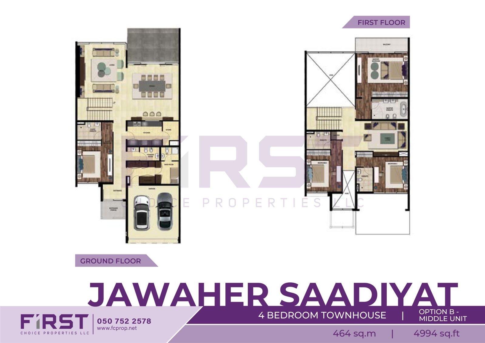 Floor Plan of 4 Bedroom Townhouse Option B Middle Unit in Jawaher Saadiyat Saadiyat Island Abu Dhabi UAE 464 sq.m 4994 sq.ft.jpg