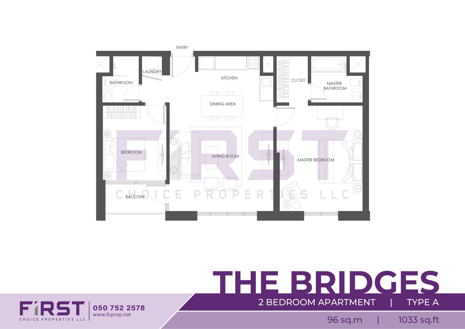 Floor Plan of 2 Bedroom Apartment Type A in The Bridges Al Reem Island Abu Dhabi UAE 96 sq.m 1033 sq.ft.jpg