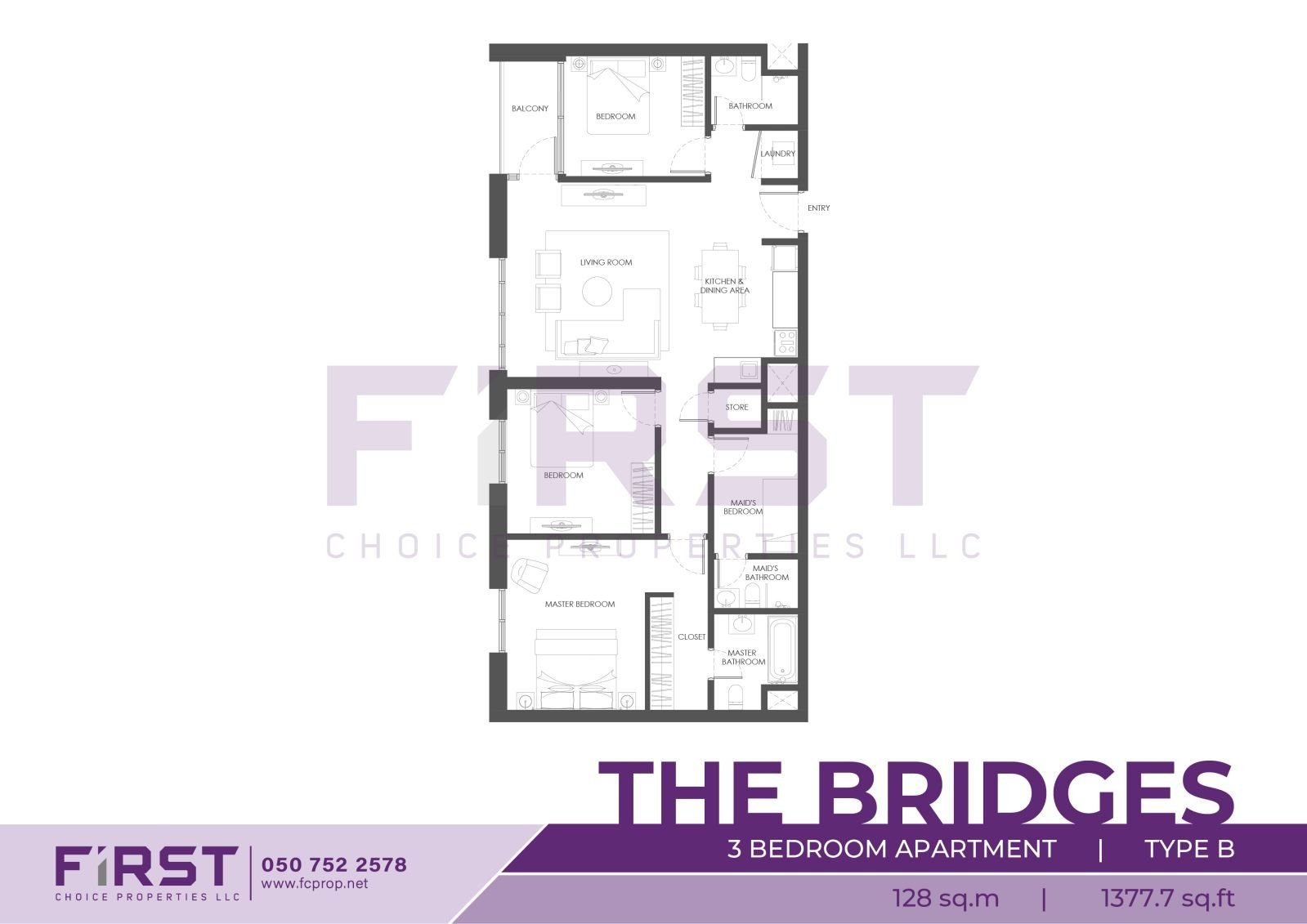 Floor Plan of 3 Bedroom Apartment Type B in The Bridges Al Reem Island Abu Dhabi UAE 128 sq.m 1377.7 sq.ft .jpg