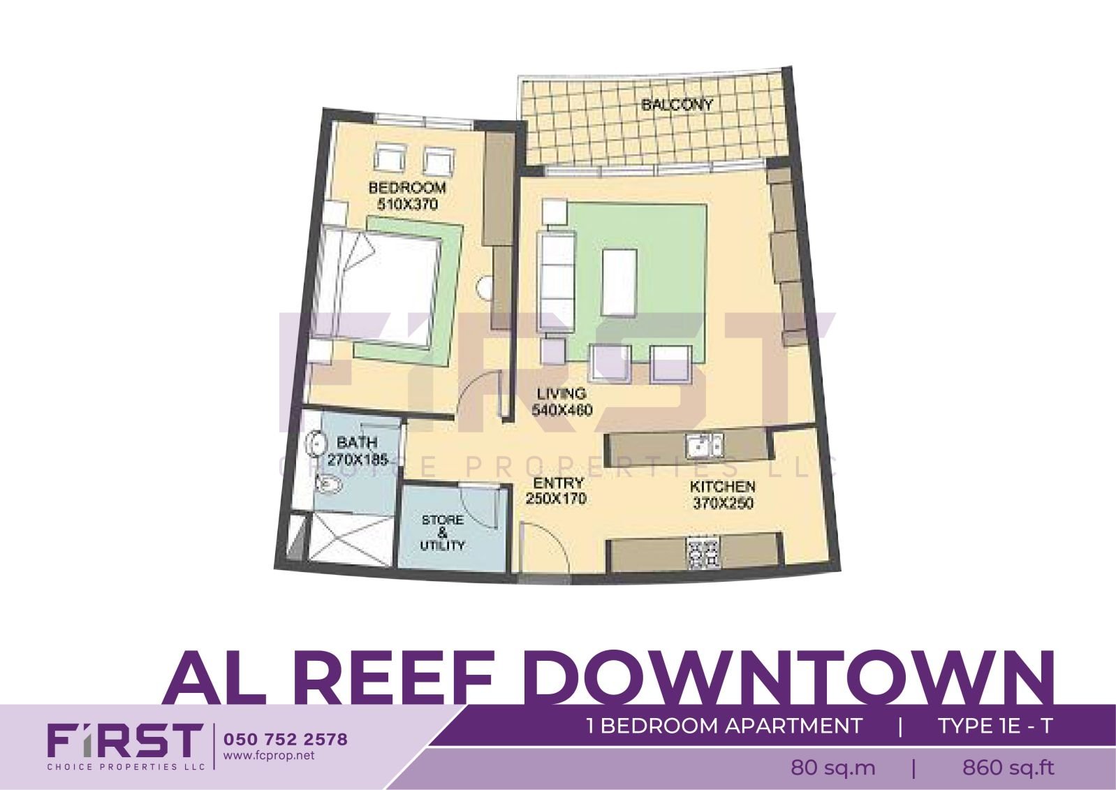 Floor Plan of 1 Bedroom Apartment TYPE 1E-T in Al Reef Downtown Al Reef Abu Dhabi UAE 80 sq.m 860 sq.ft.jpg
