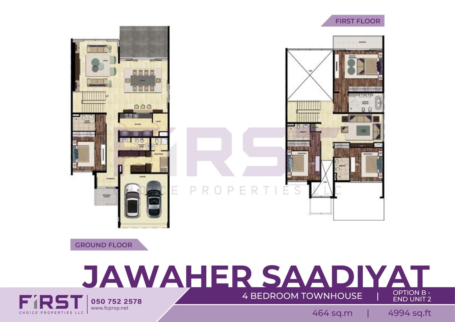 Floor Plan of 4 Bedroom Townhouse Option B End Unit 2 in Jawaher Saadiyat Saadiyat Island Abu Dhabi UAE 464 sq.m 4994 sq.ft.jpg