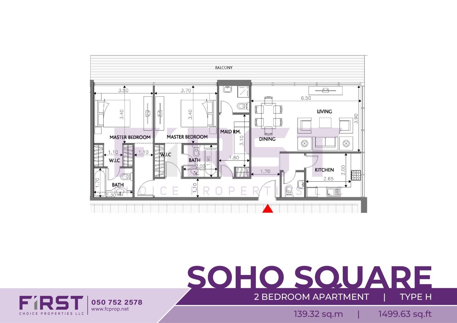 Floor Plan of 2 Bedroom Apartment Type H in Soho Square Saadiyat Island Abu Dhabi UAE 139.32 sq.m 1499.63 sq.ft.jpg