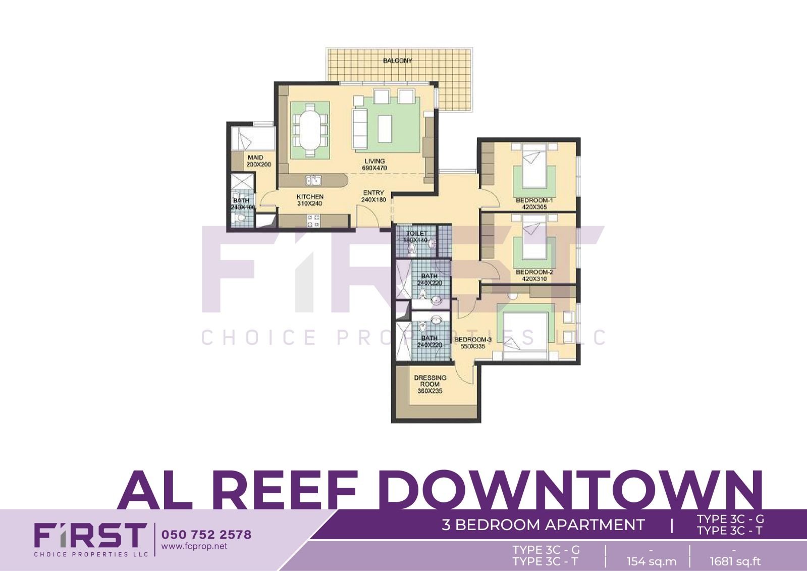 Floor Plan of 3 Bedroom Apartment TYPE 3C T in Al Reef Downtown Al Reef Abu Dhabi UAE 154 sq.m 1681 sq.ft.jpg