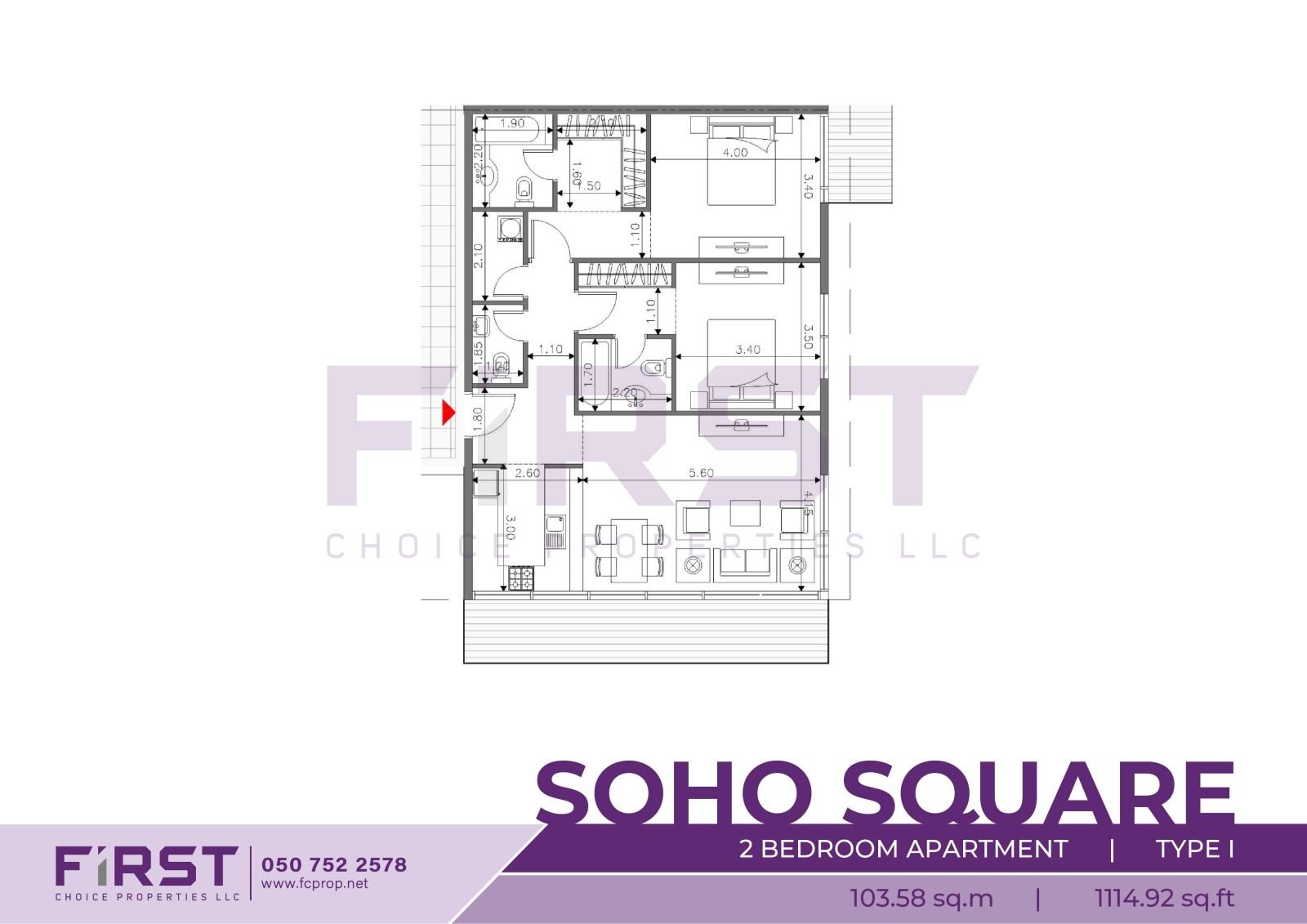 Floor Plan of 2 Bedroom Apartment Type I in Soho Square Saadiyat Island Abu Dhabi UAE 103.58 sq.m 1114.92 sq.ft.jpg