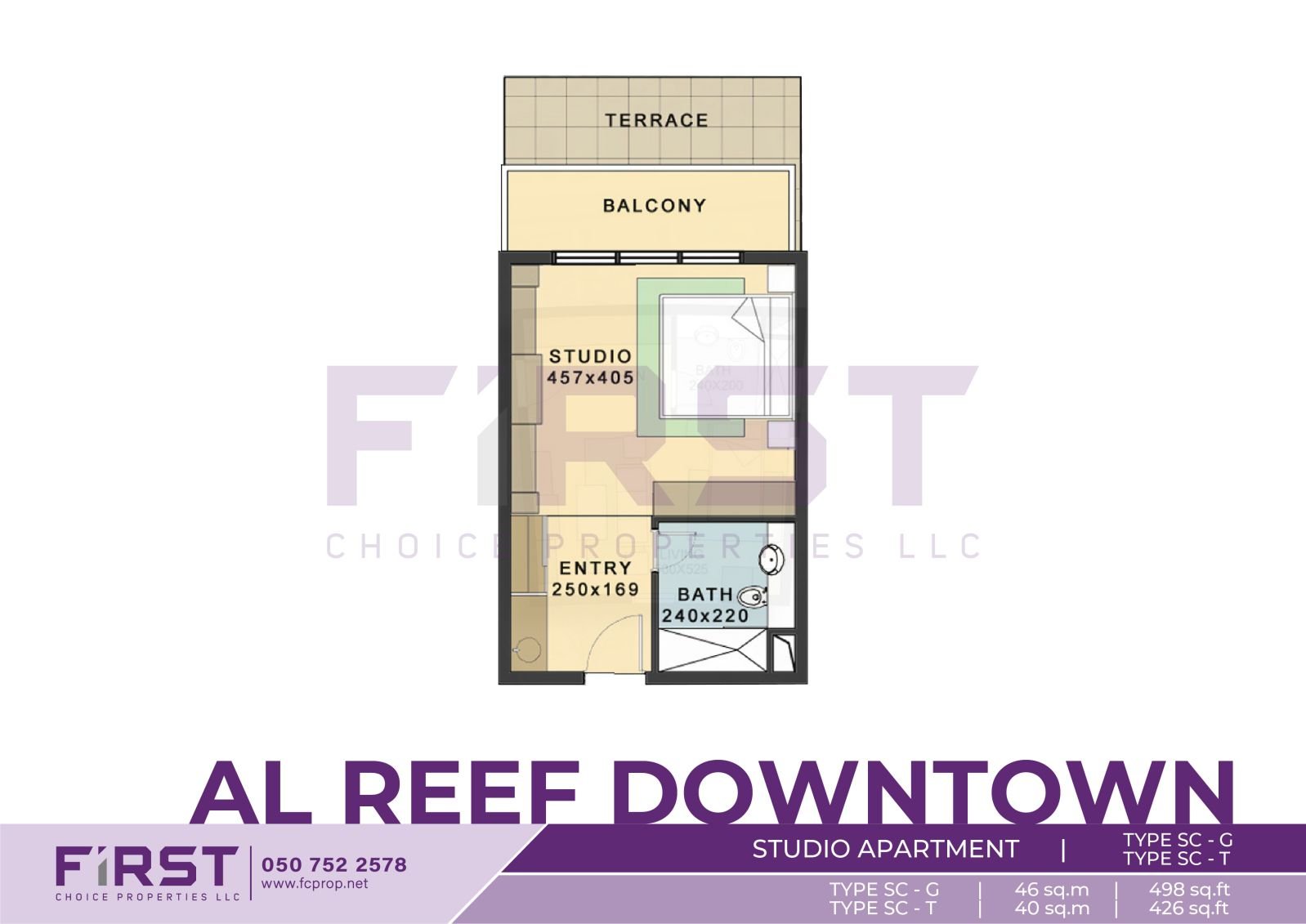 Floor Plan of Studio Apartment TYPE SC-G in Al Reef Downtown Al Reef Abu Dhabi UAE 46 sq.m 498 sq.ft T 40 sq.m 426 sq.ft.jpg