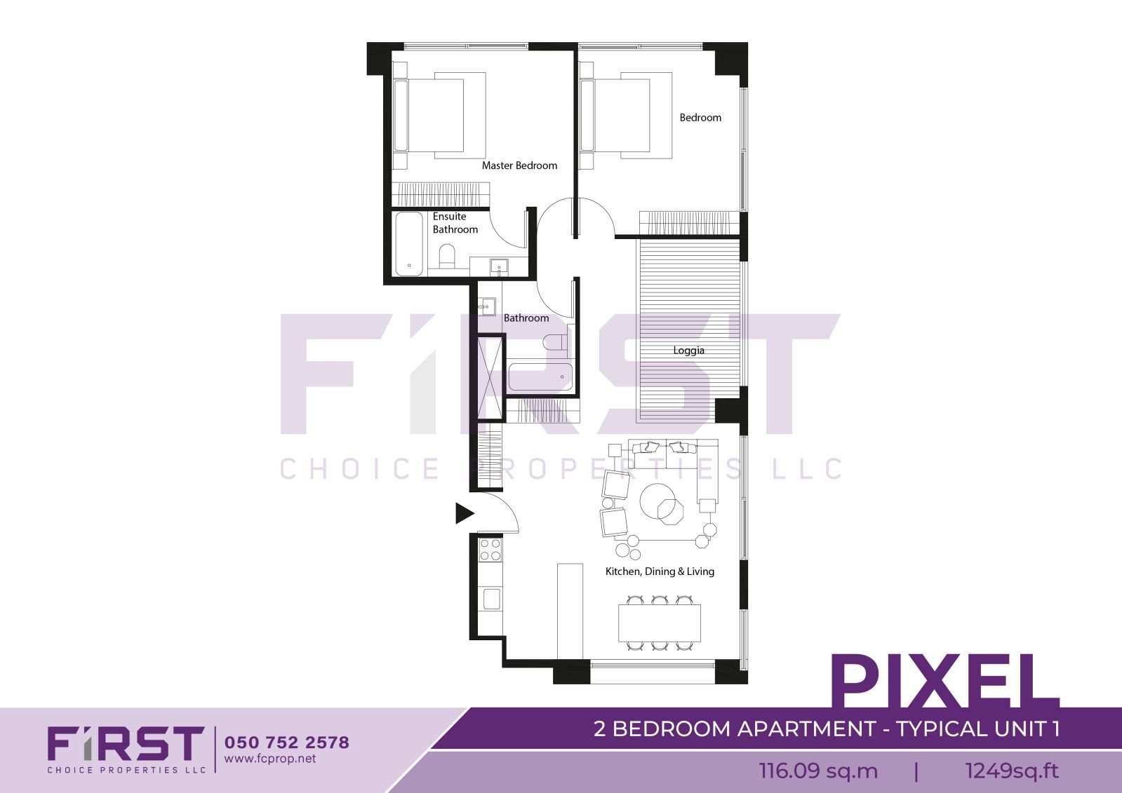 Floor Plan of 2 Bedroom Apartment Typical Unit 1 in Pixel Al Reem Island Abu Dhabi UAE 116.09 sq.m 1249sq.ft.jpg