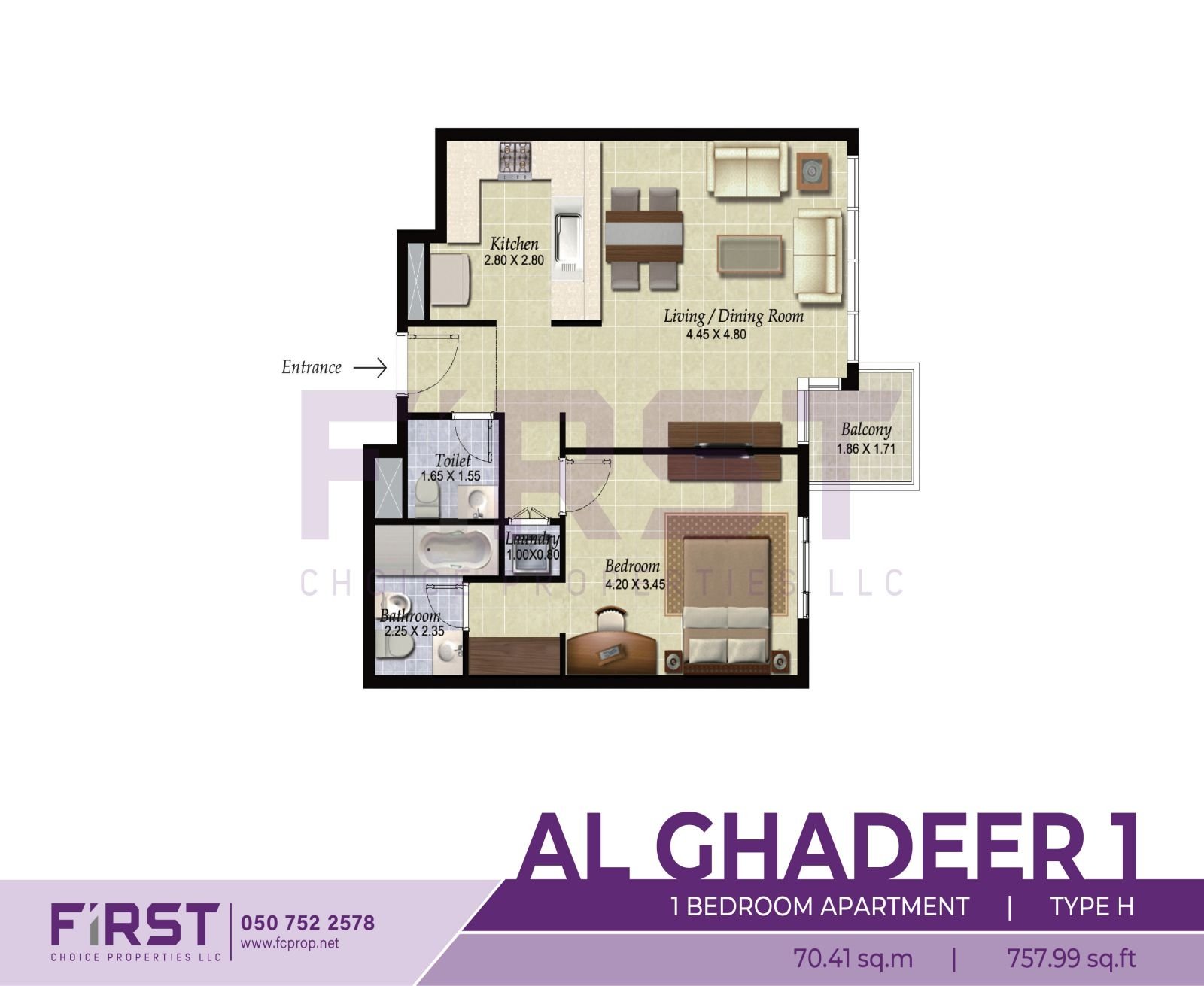 Floor Plan of 1 Bedroom Apartment  Type H in Al Ghadeer Phase 1 Abu Dhabi UAE 70.41 sq.m 757.99 sq.ft.jpg