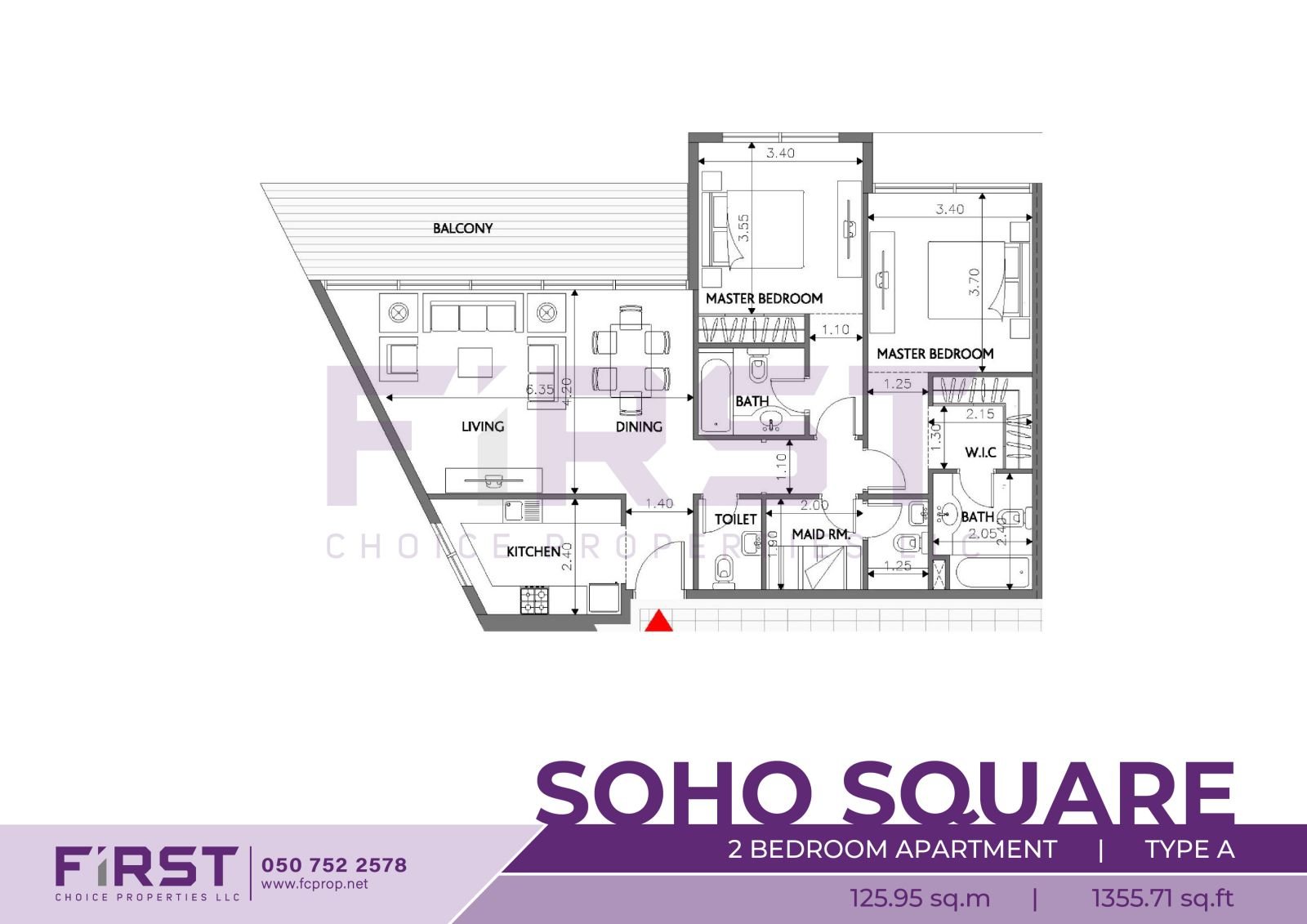 Floor Plan of 2 Bedroom Apartment Type A in Soho Square Saadiyat Island Abu Dhabi UAE 125.95 sq.m 1355.71 sq.ft.jpg